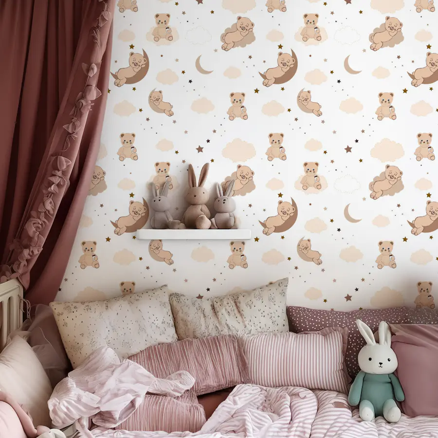 Cute teddy bear pattern with playful teddy illustrations and celestial elements on a wallpaper mural
