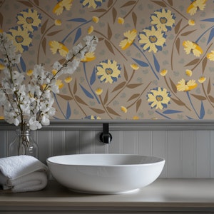 Floral on Taupe with Golden Yellow Blooms