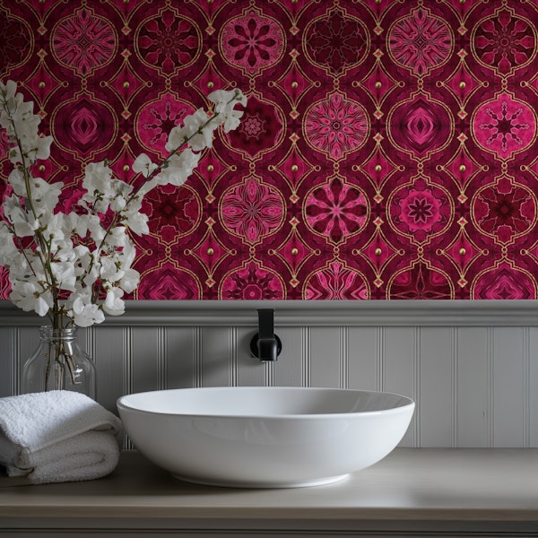 Treasures of Morocco Oriental Tile Design Burgundy Pink Gold
