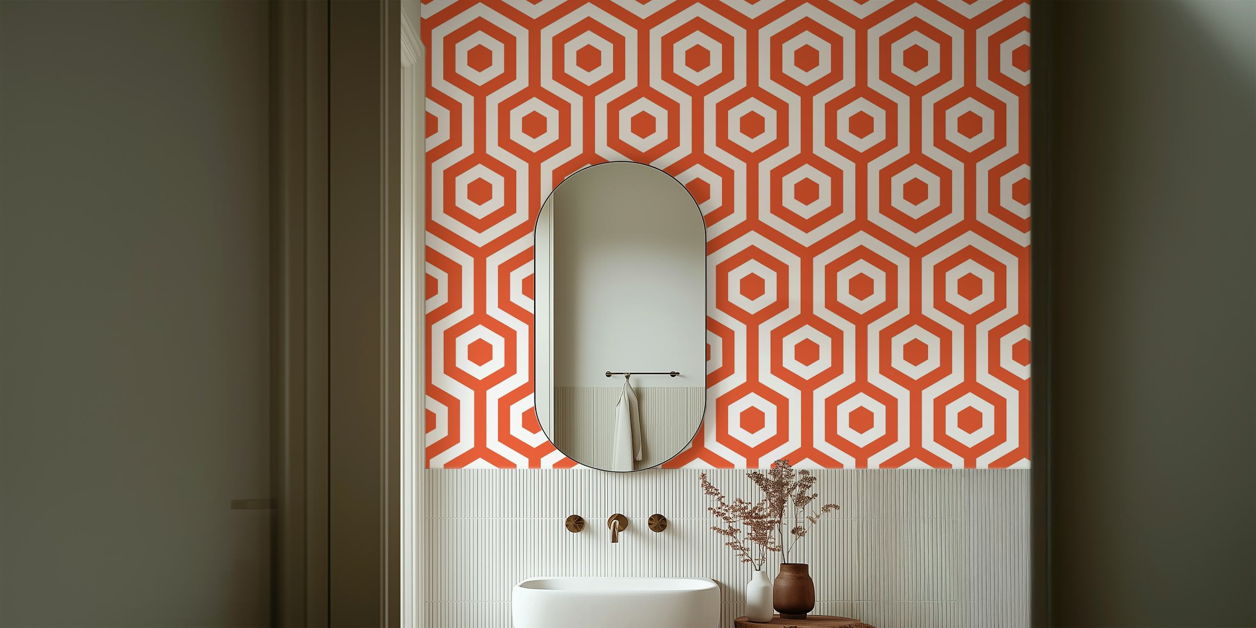 White orange hexagon minimalist wallpaper in a room
