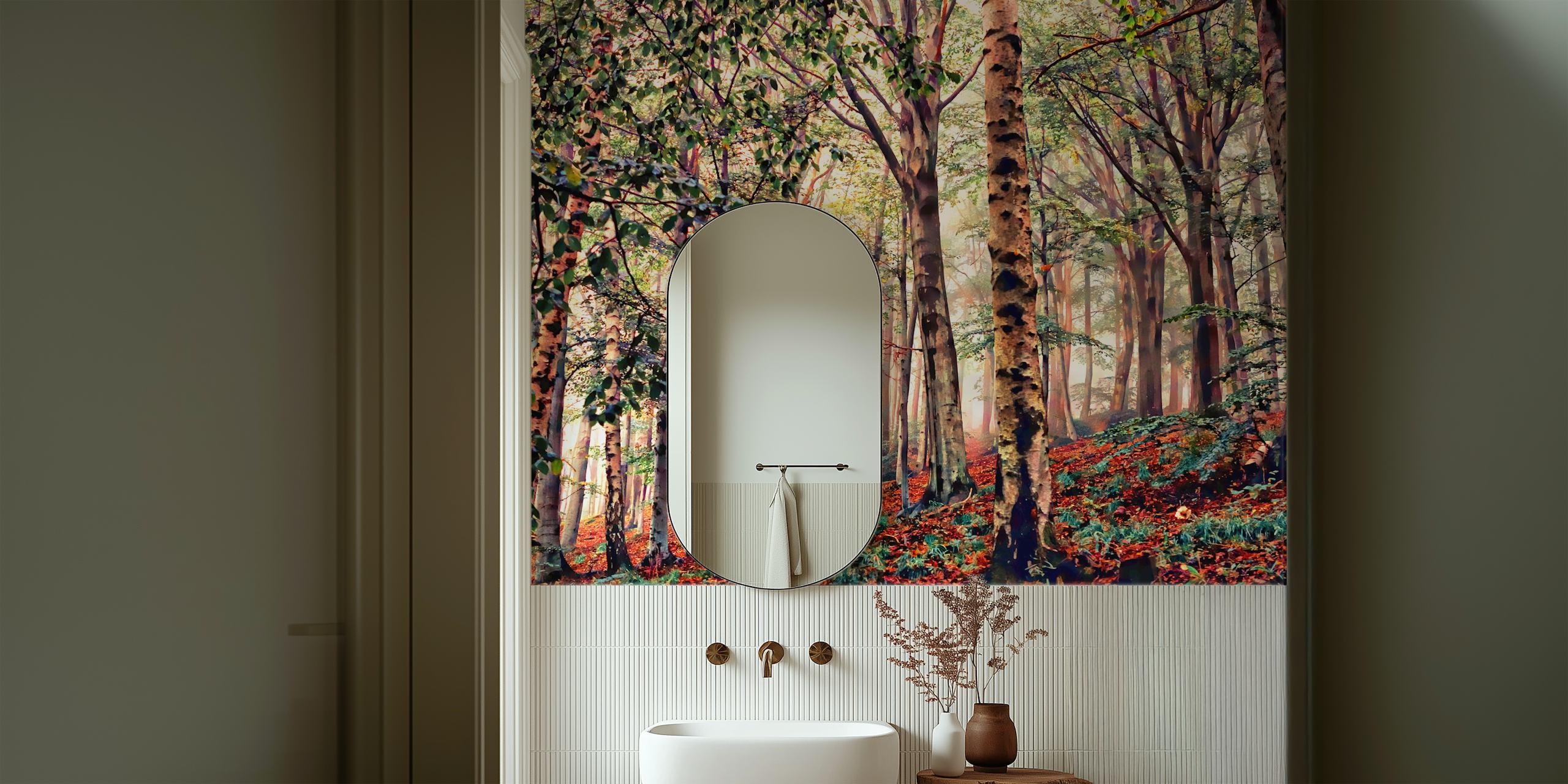 Birch trees in a lush green forest with autumn leaves wallpaper