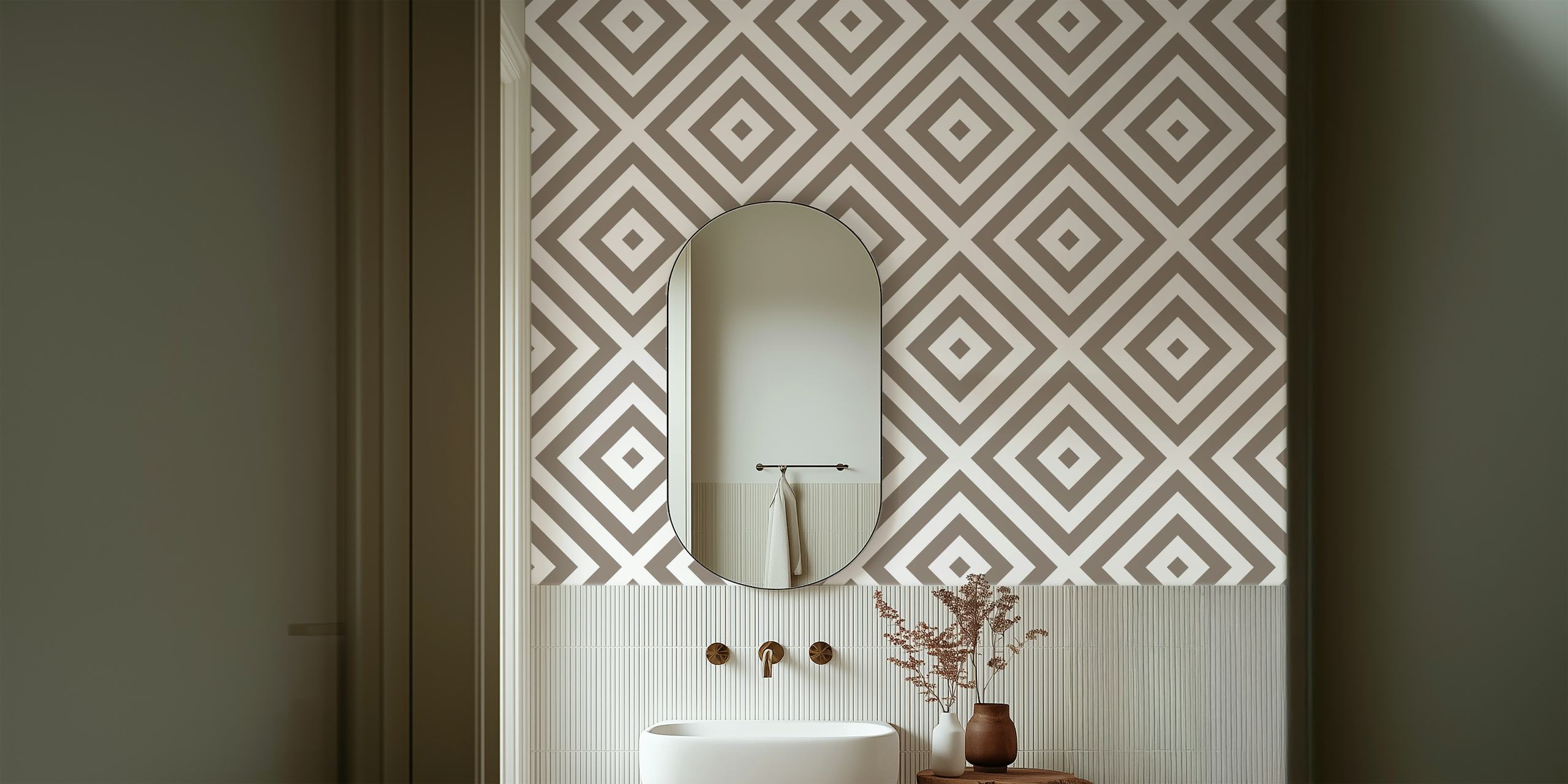 Geometric taupe e quadrados brancos papel de parede em um quarto