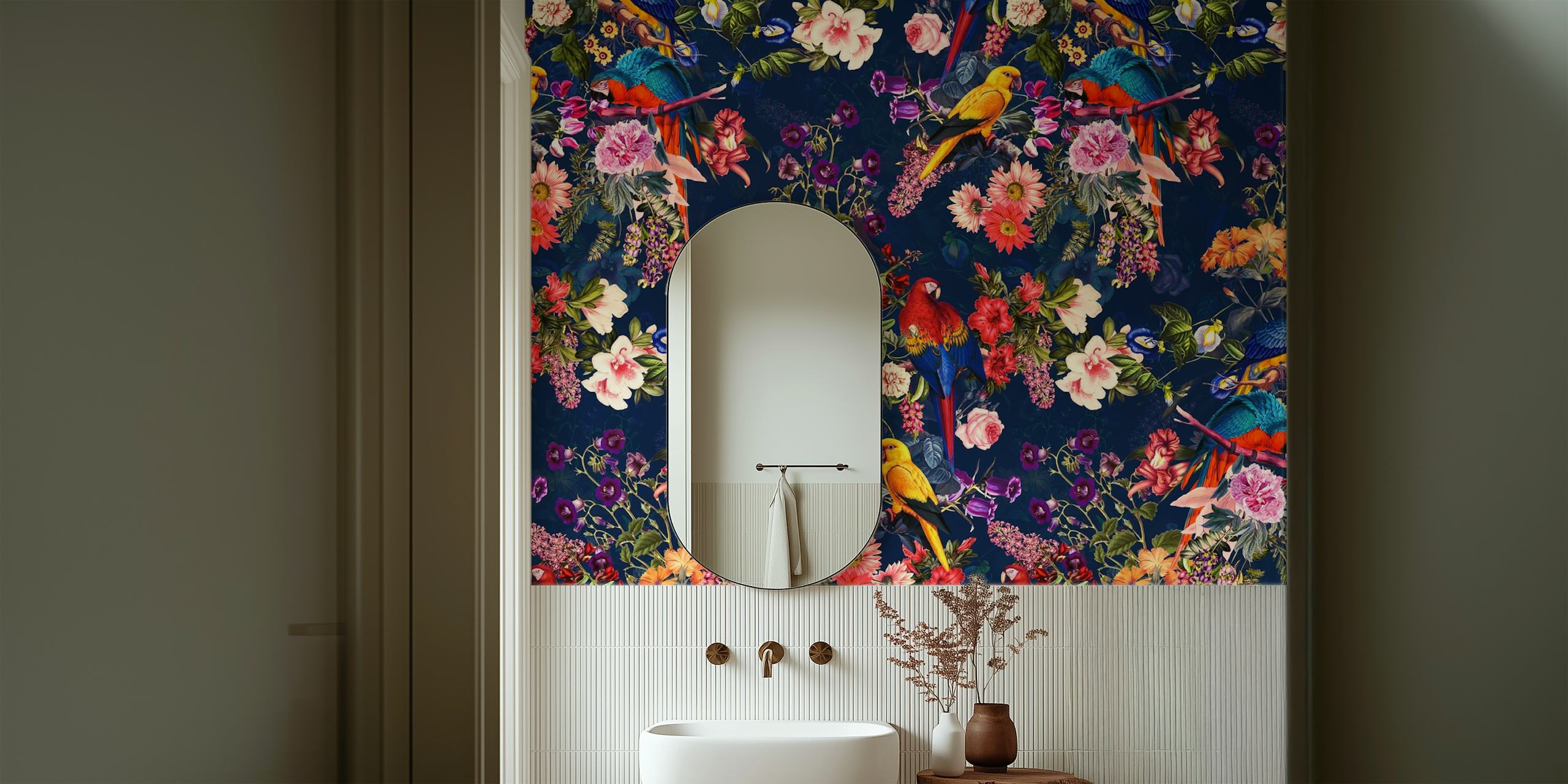 Colorful wallpaper featuring birds and flowers over a dark background.