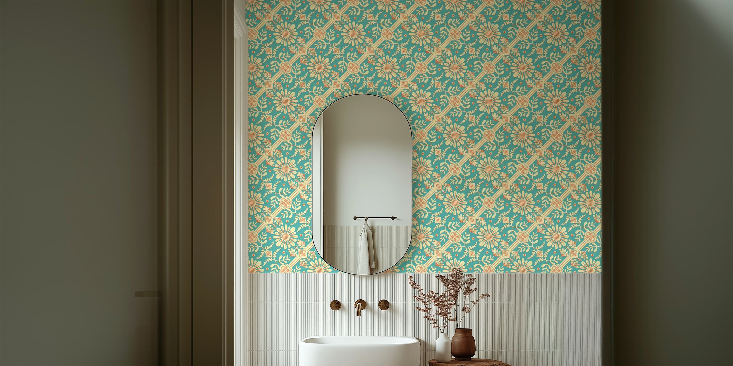 Boho Floral Pattern Turquoise tapetti huoneessa