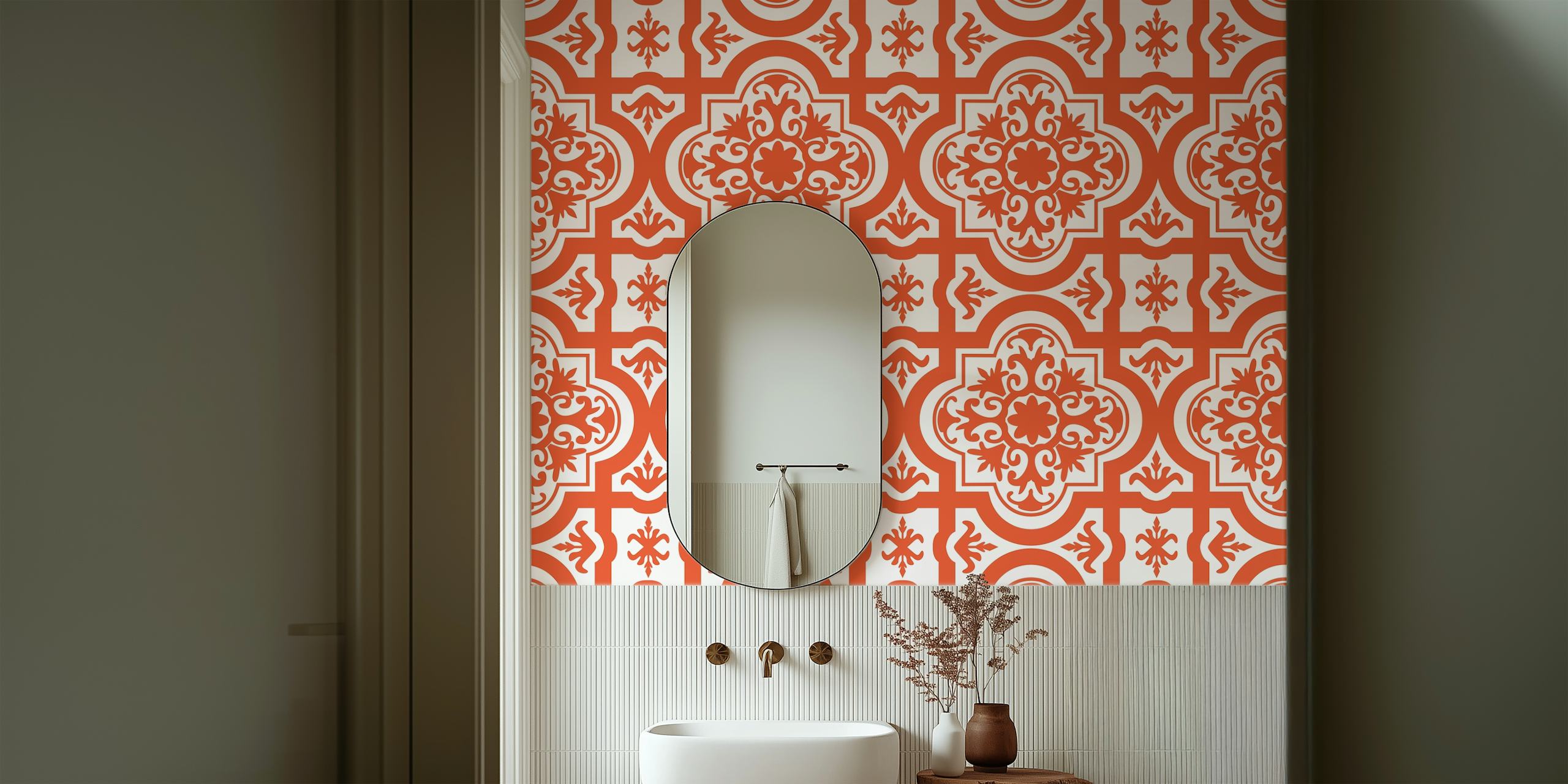 Rust orange ornamental geometric wallpaper pattern