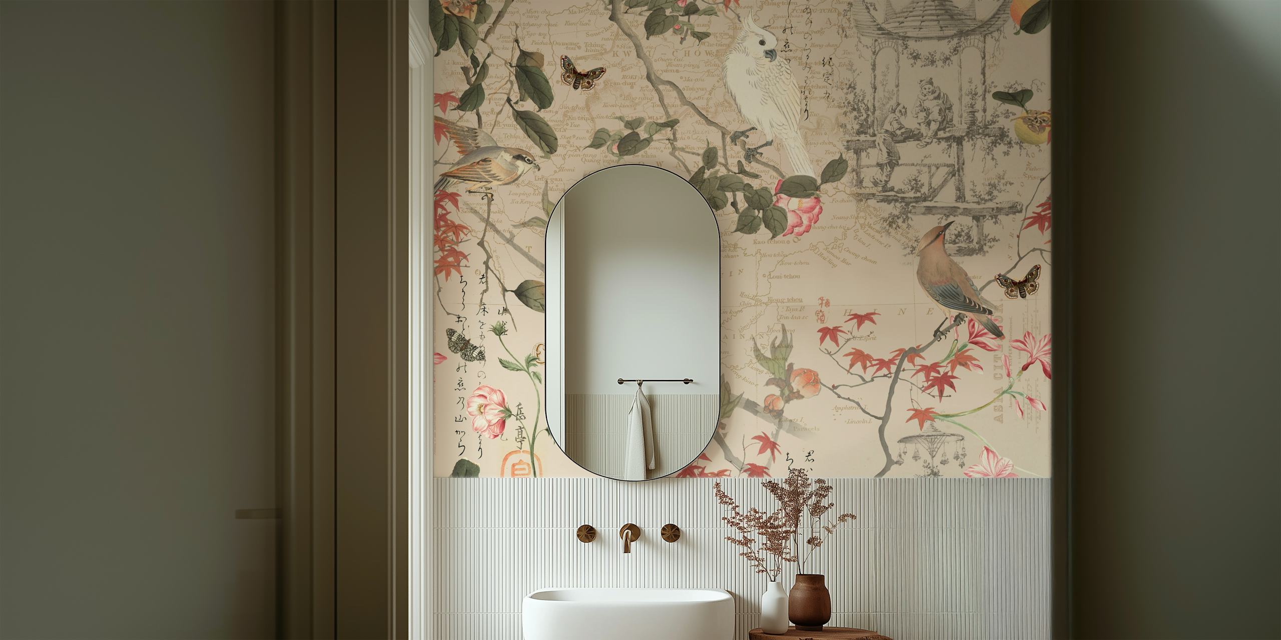 Papel de parede Chinoiserie Flower Cockatoo em uma sala
