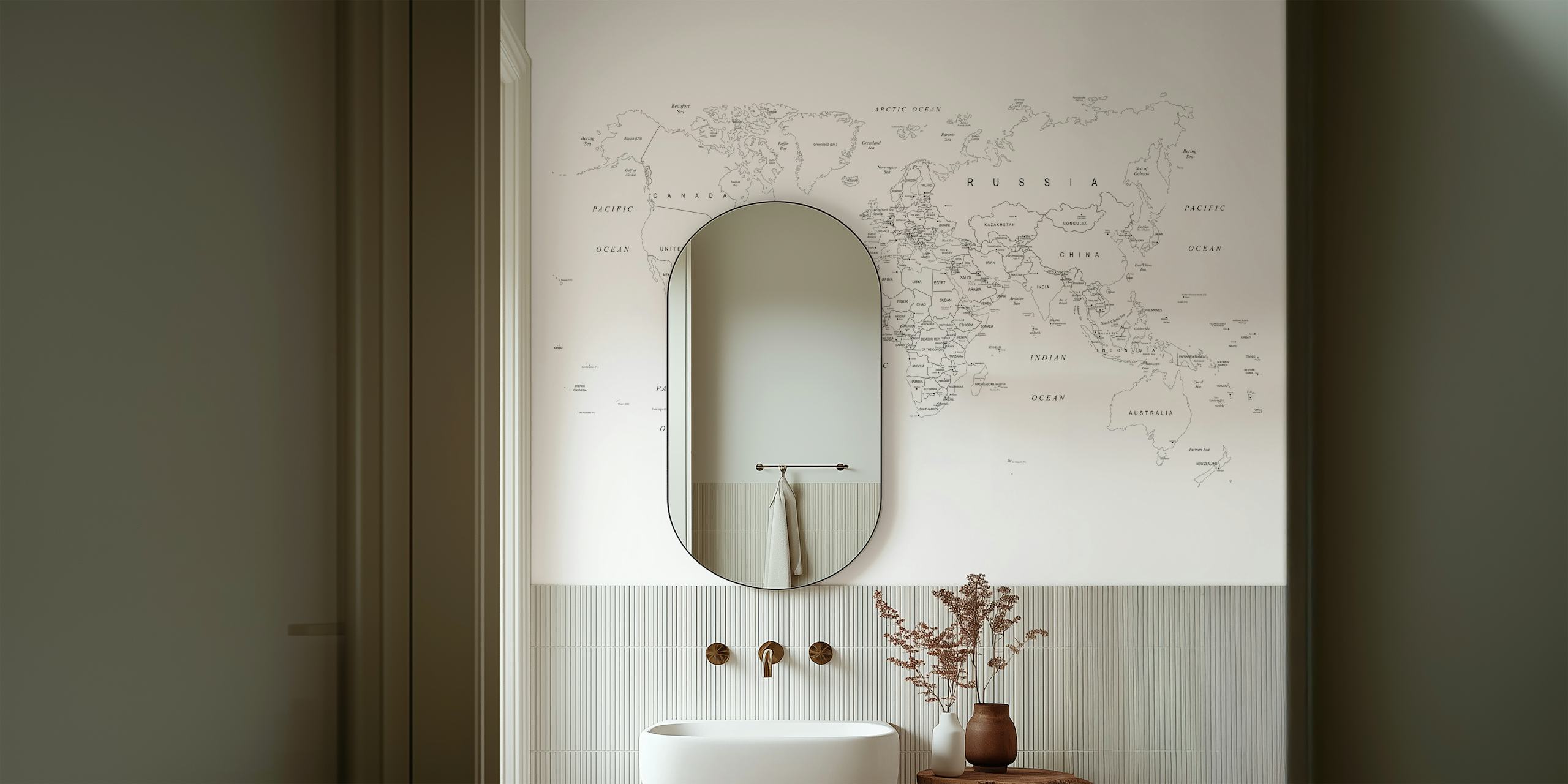 Black outline world map wall mural on a white background