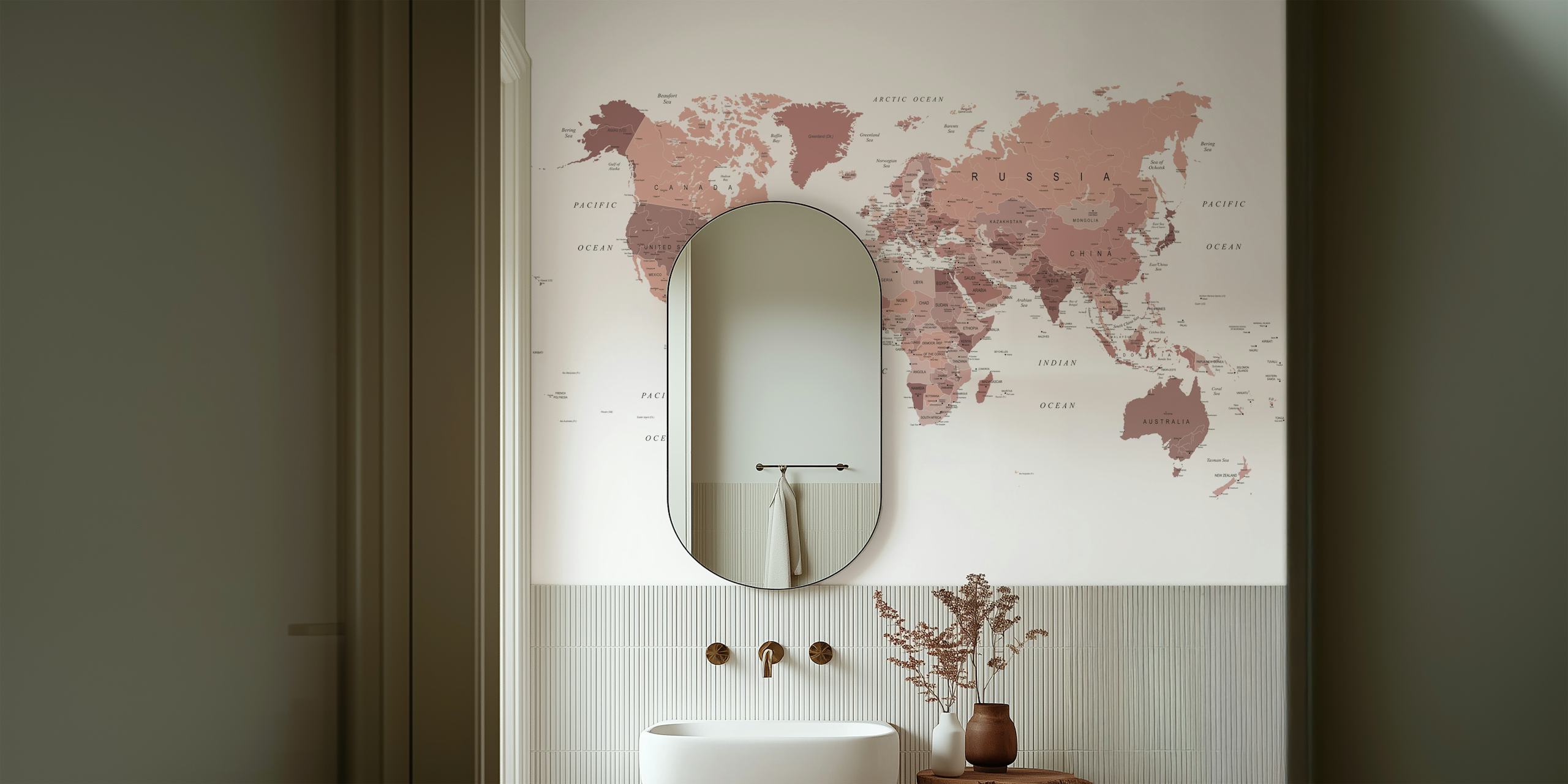 World map design in rose gold tones with country names, modern style wallpaper