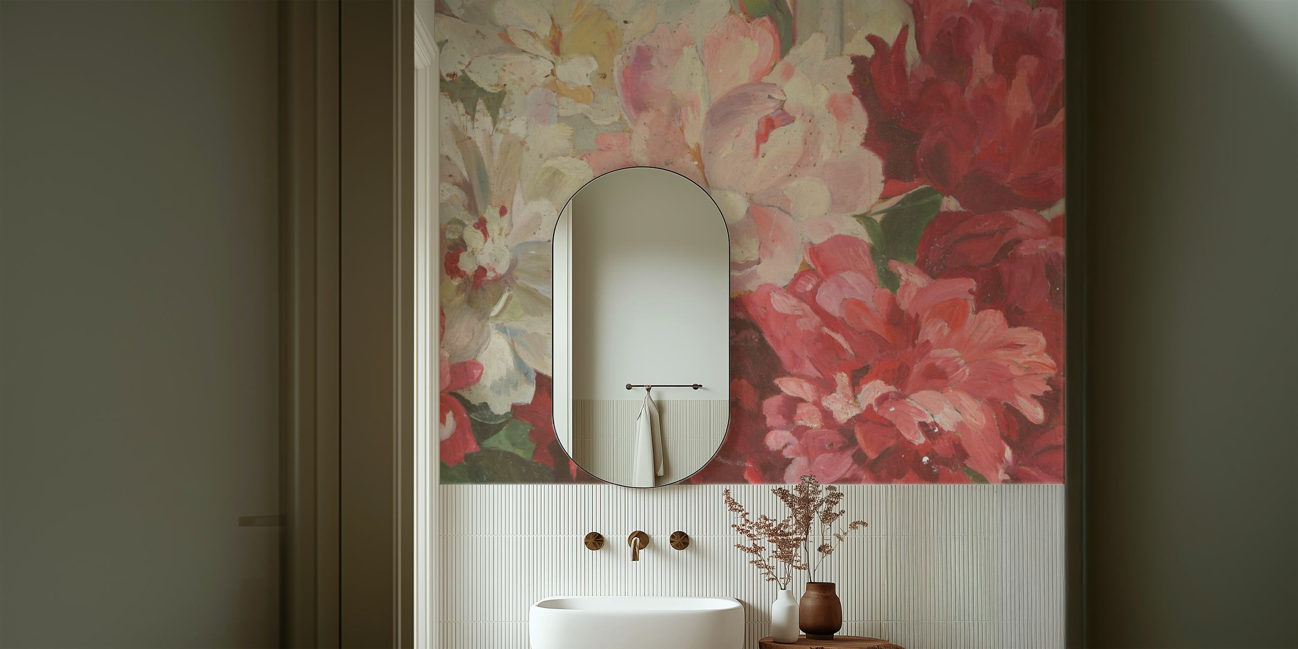 Elegant vintage flower wall mural with peonies in shades of pink and red