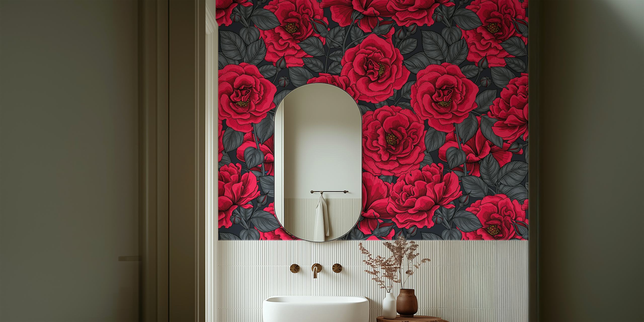 Red roses with green leaves on dark background wallpaper