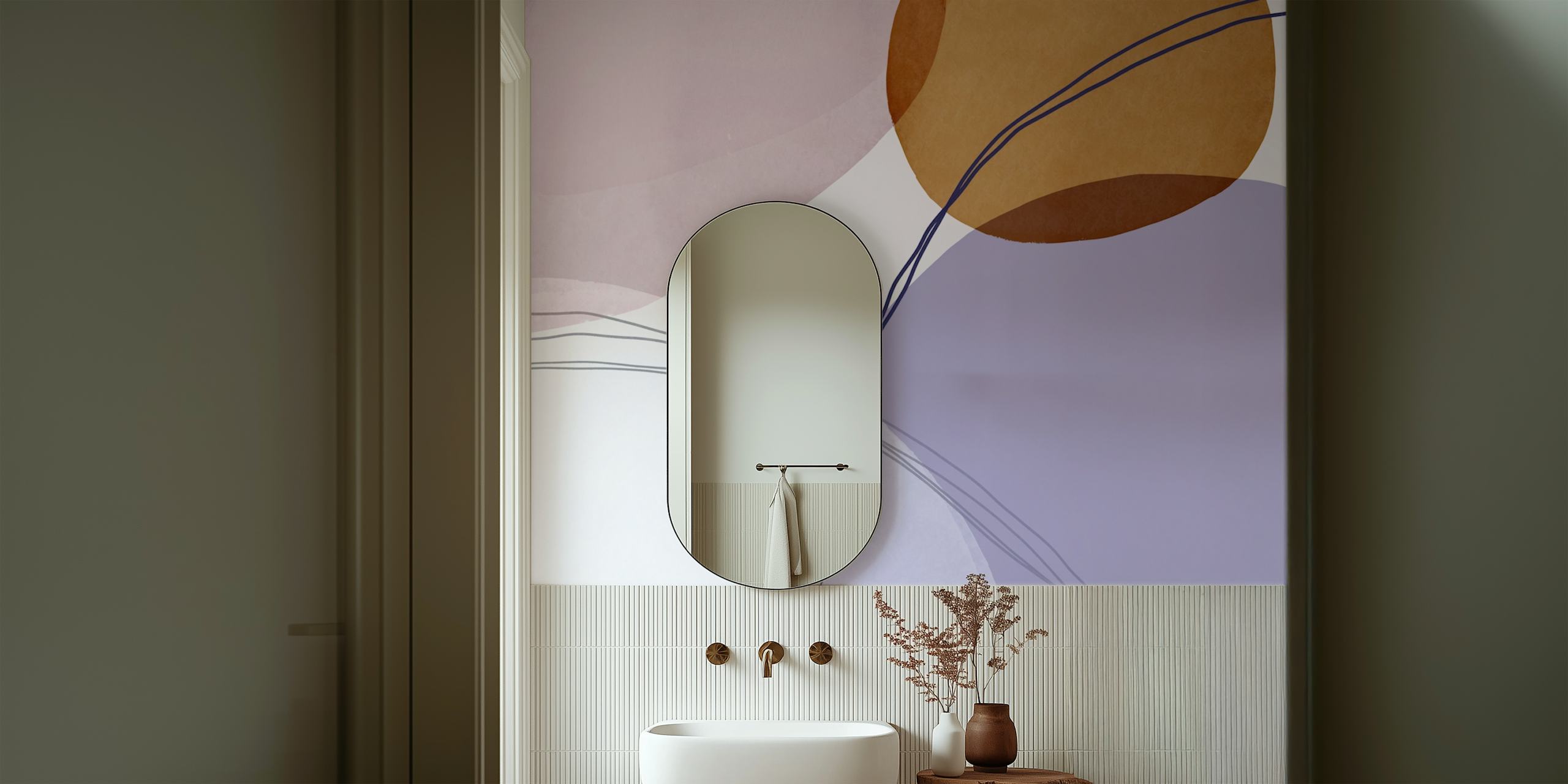 Abstract pastel shapes in lavender, cream, and brown colors wallpaper