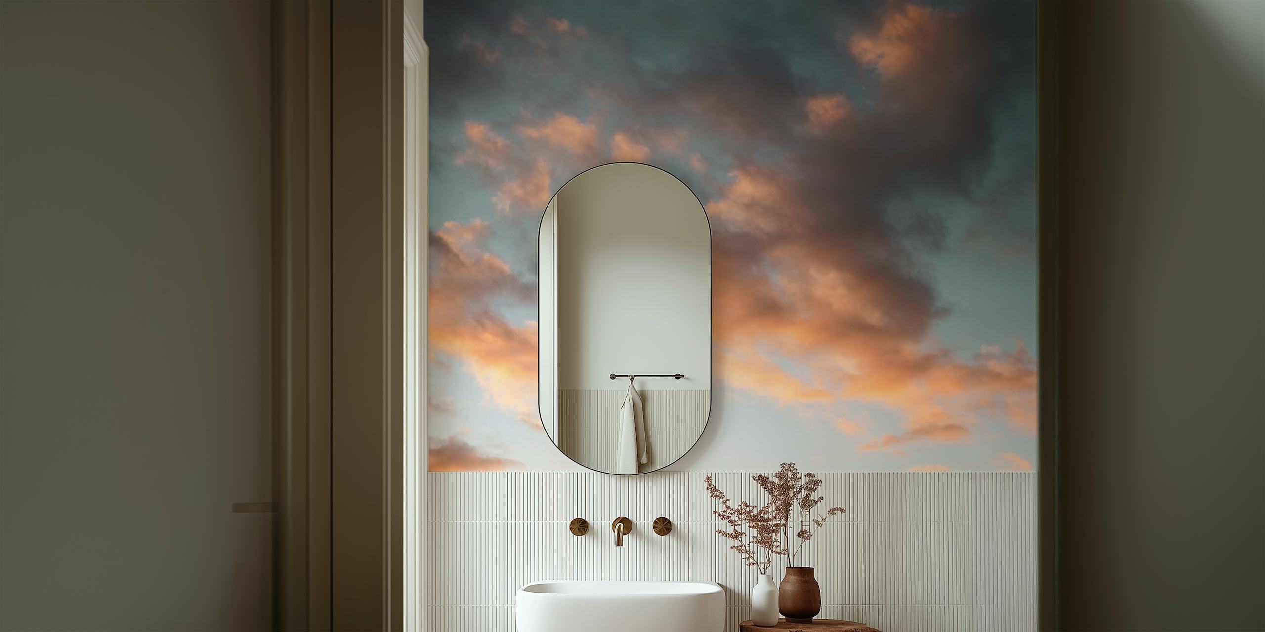 Golden-hued clouds at dawn wall mural