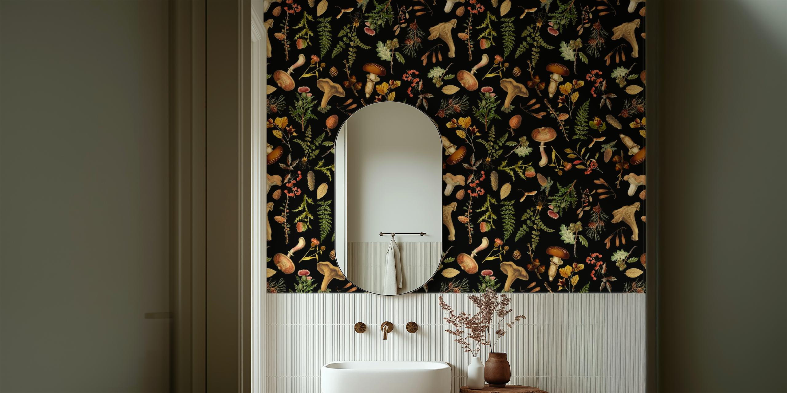 Wandbild im Vintage-Stil mit einer Reihe von Pilzen vor einem dunklen Hintergrund, die eine waldähnliche Szene erzeugen.