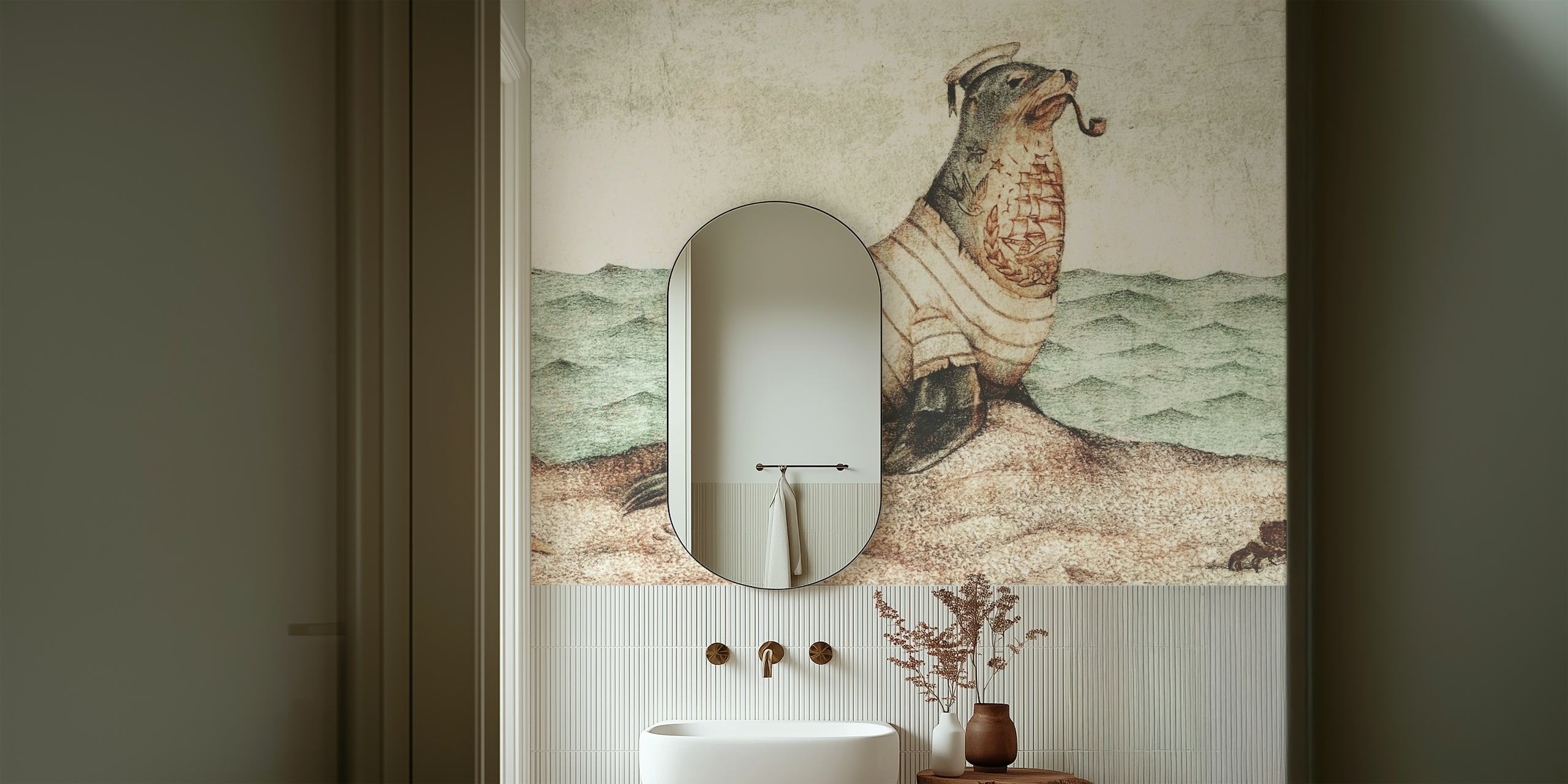 Nautical seal in a sailor outfit by the water wallpaper
