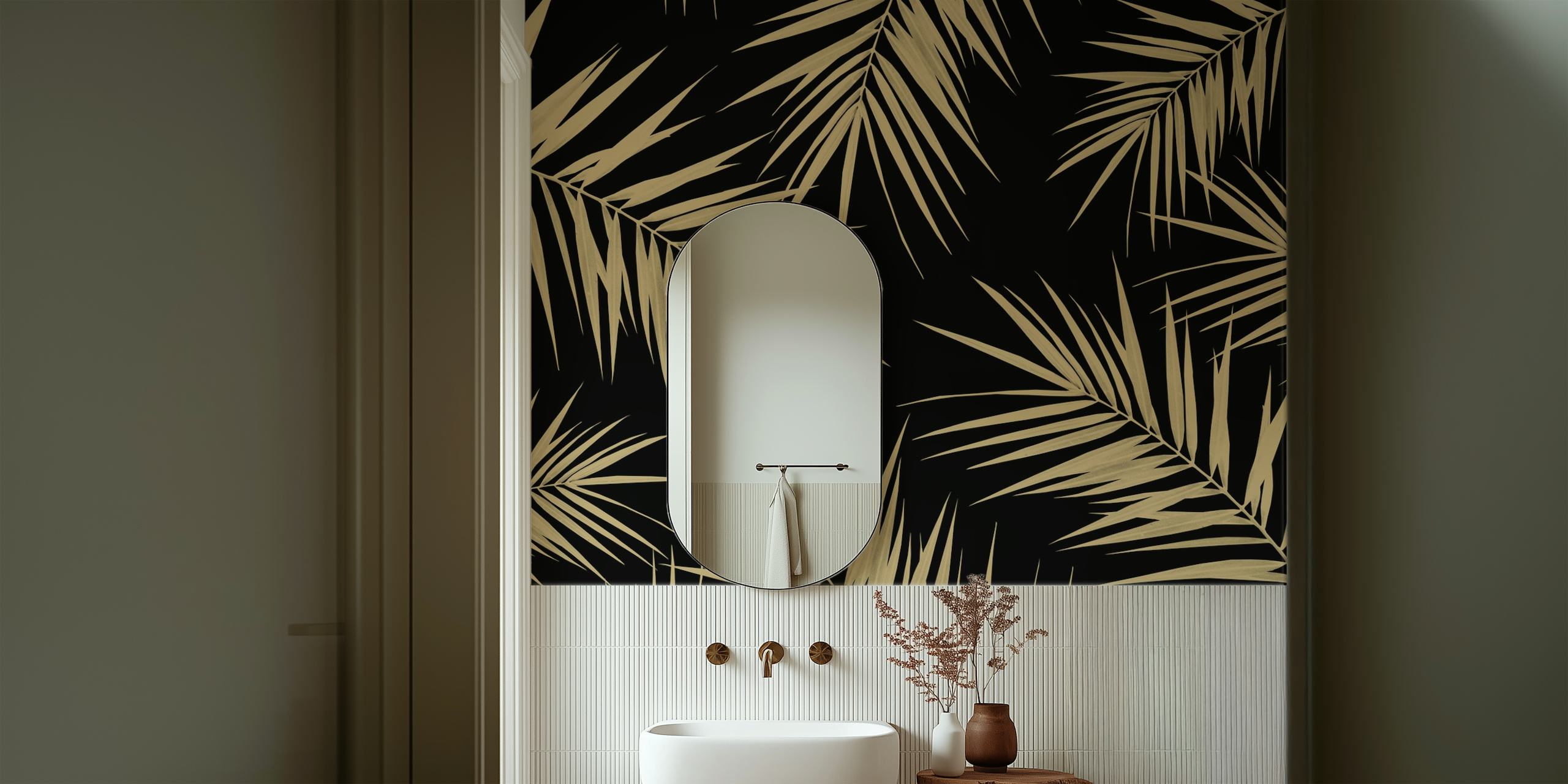 Tropical palm leaves on black background wallpaper