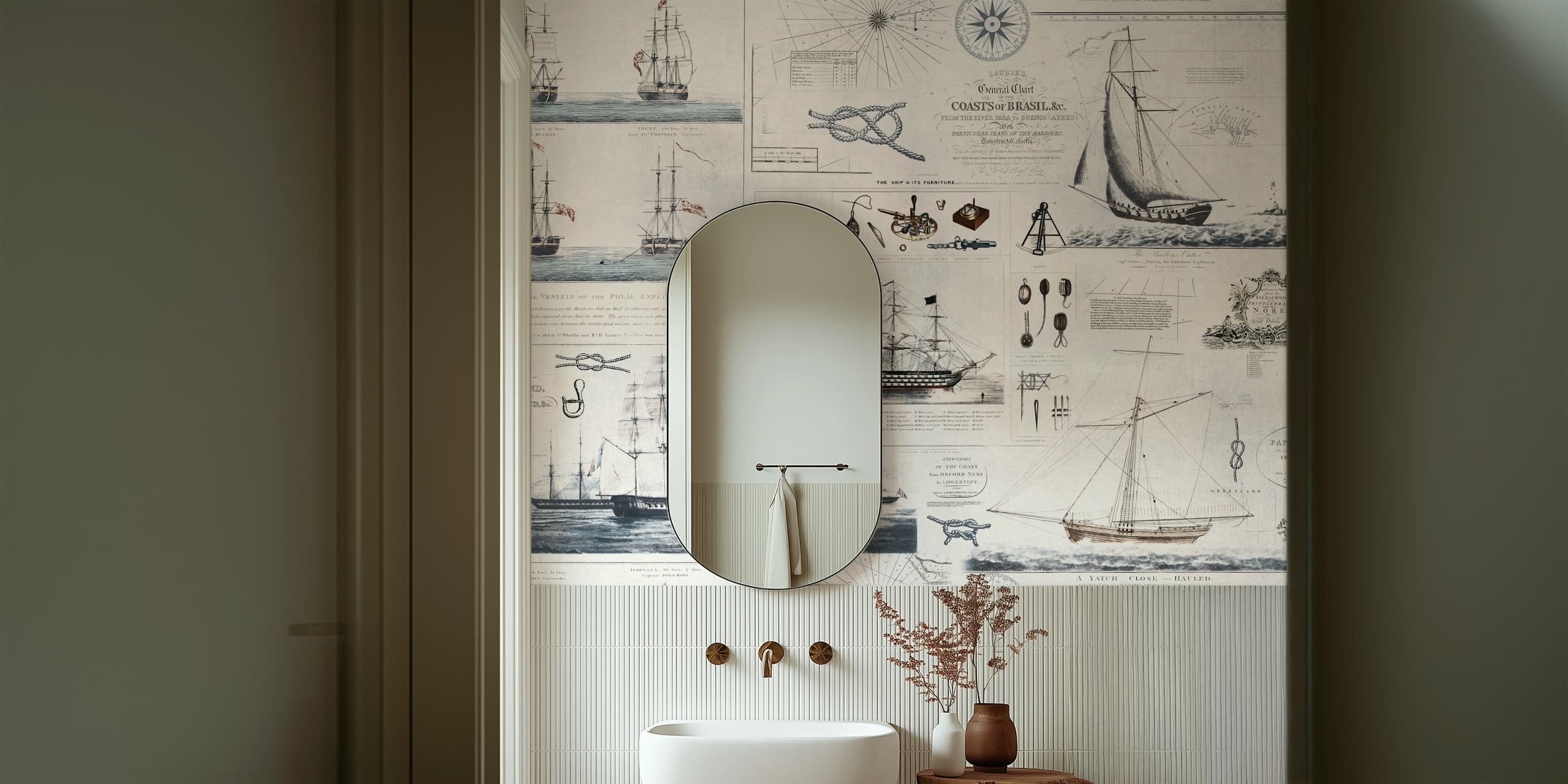 Vintage nautical wallpaper featuring blue ships and maps