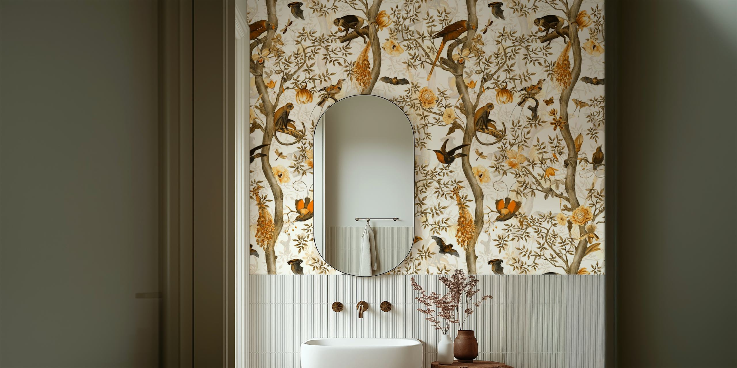 Chinoiserie monkeys and birds on branches with flowers wallpaper