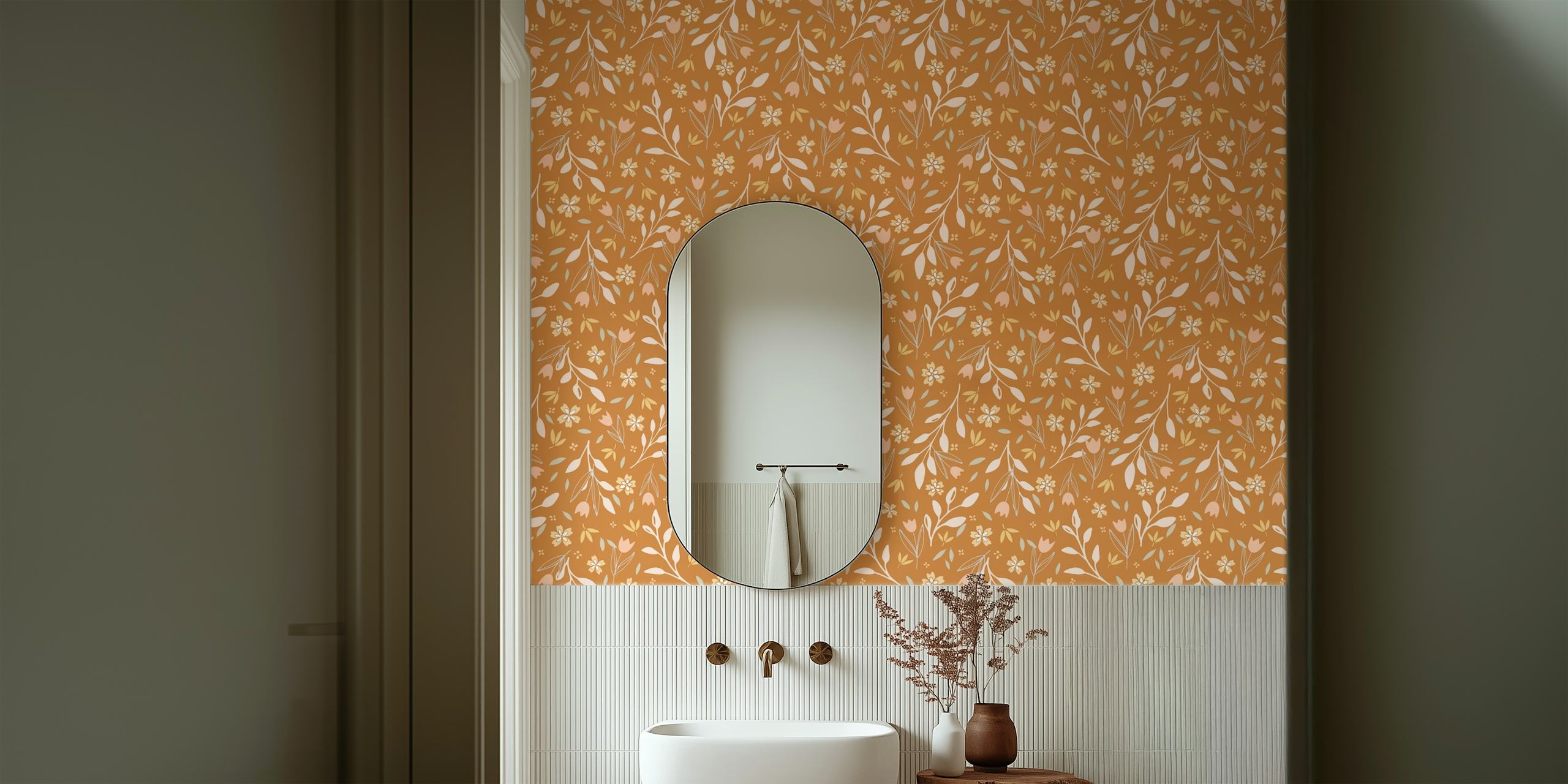 Bohemian floral pattern in muted orange and pink colors wallpaper
