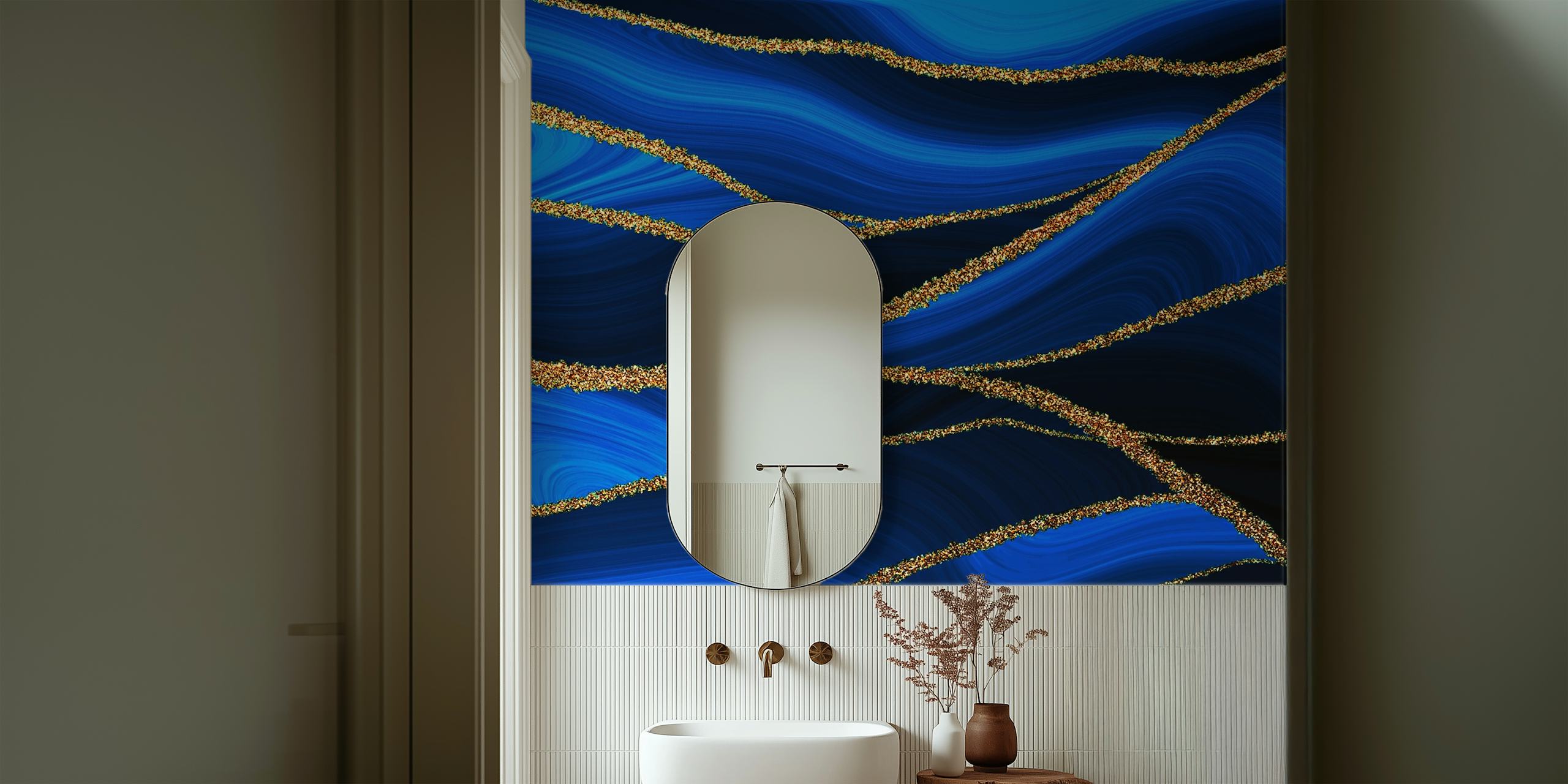 Ocean blue and gold swirling wave patterns marble wallpaper