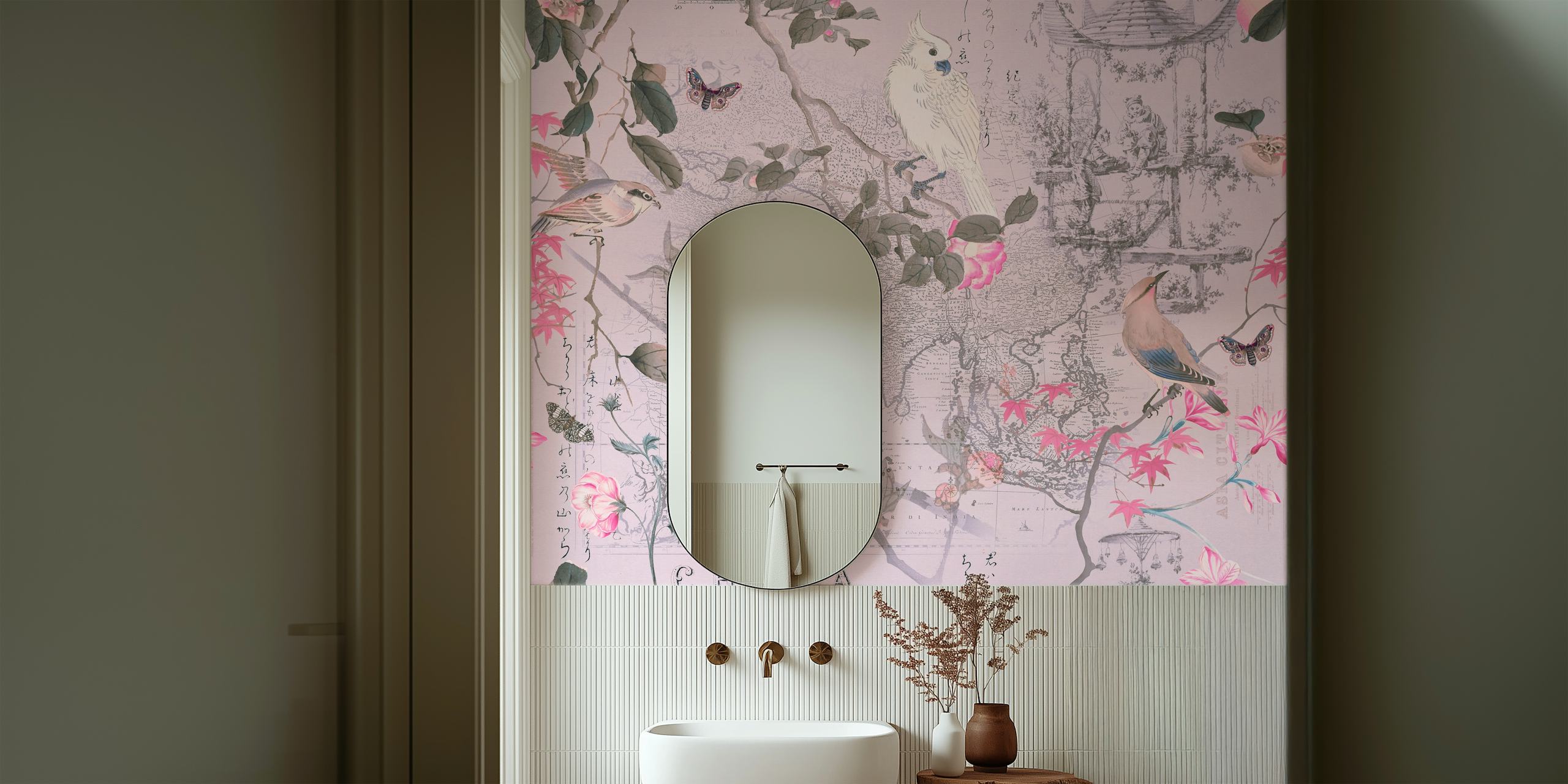 Pink floral and bird motifs on a light background wallpaper