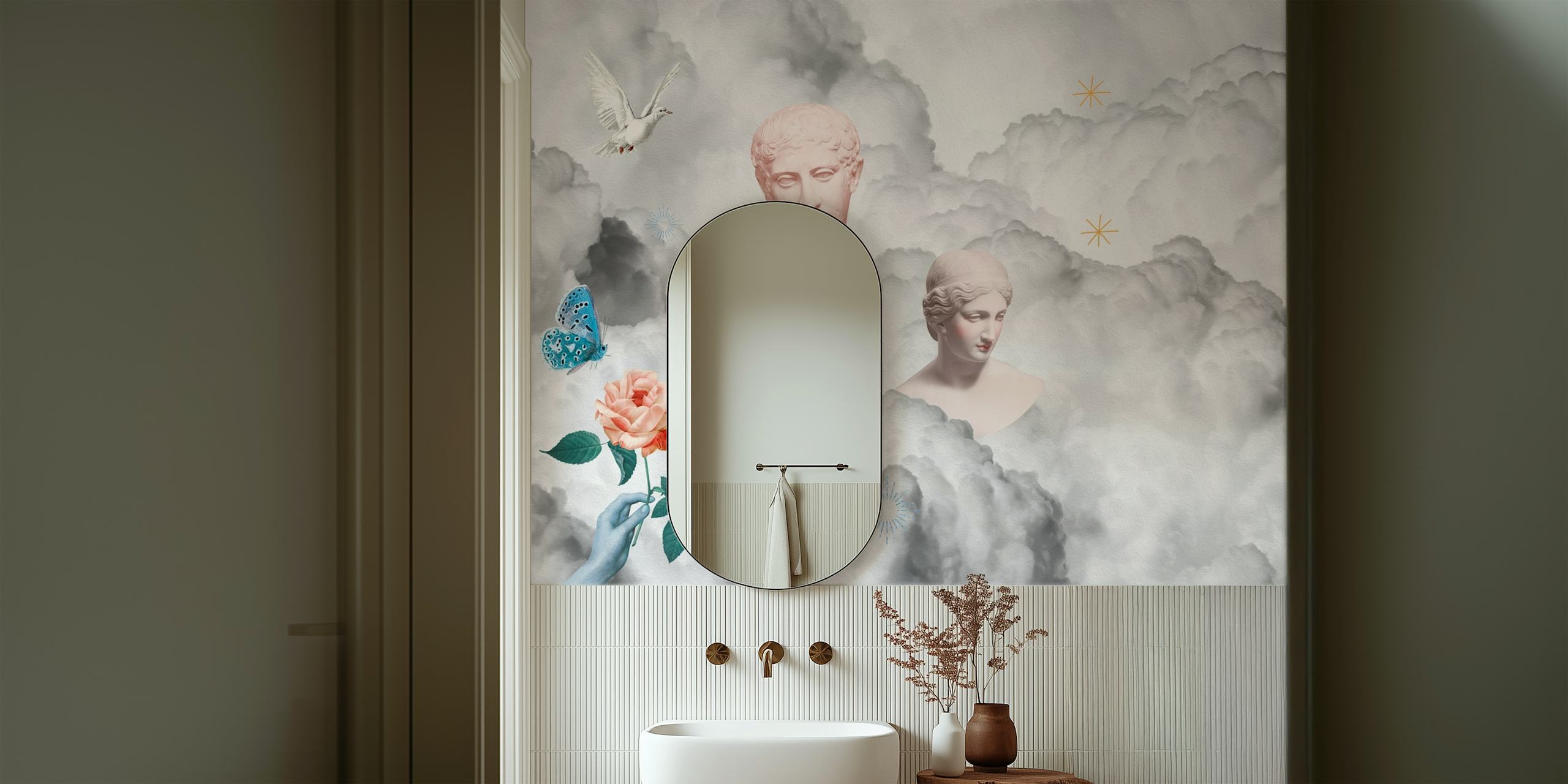 Vintage aesthetic wallpaper featuring sculptures and flowers in soft clouds