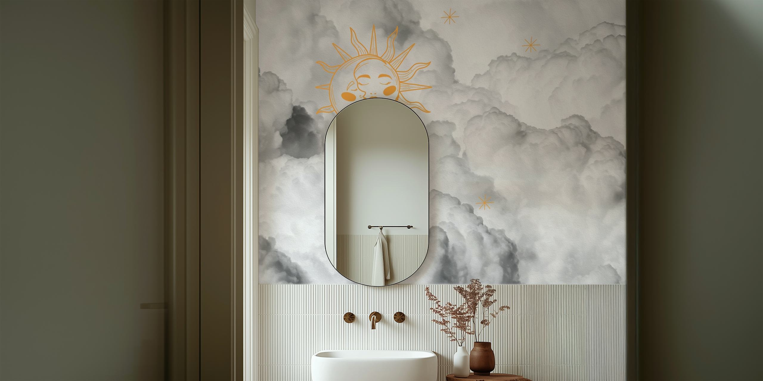 Mural de parede Sun Moon e Stars Cloud apresentando um sol dourado em meio a nuvens monocromáticas
