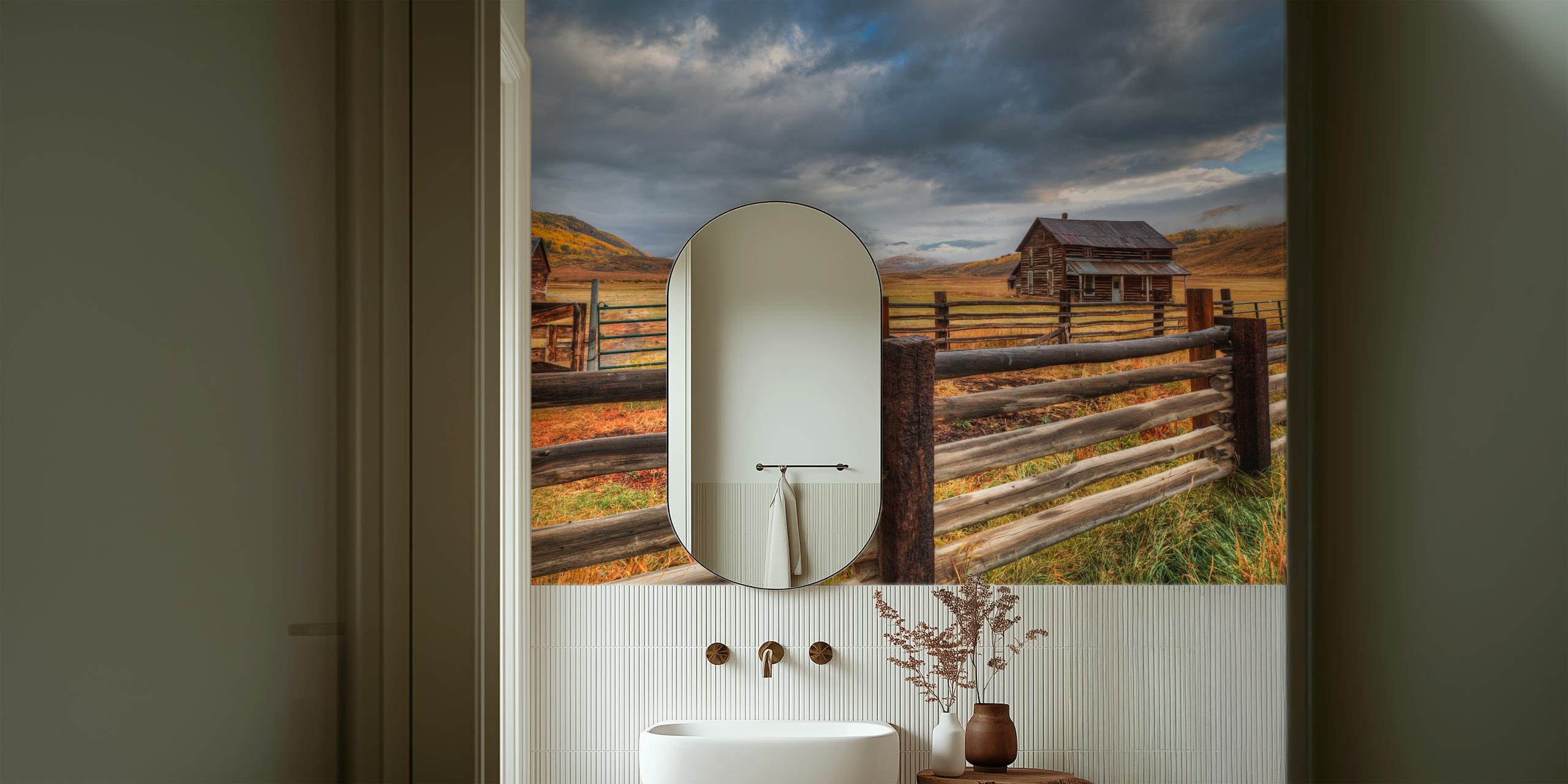 Rustic farmhouse scene wallpaper showcasing warm autumn colors and dramatic clouds.