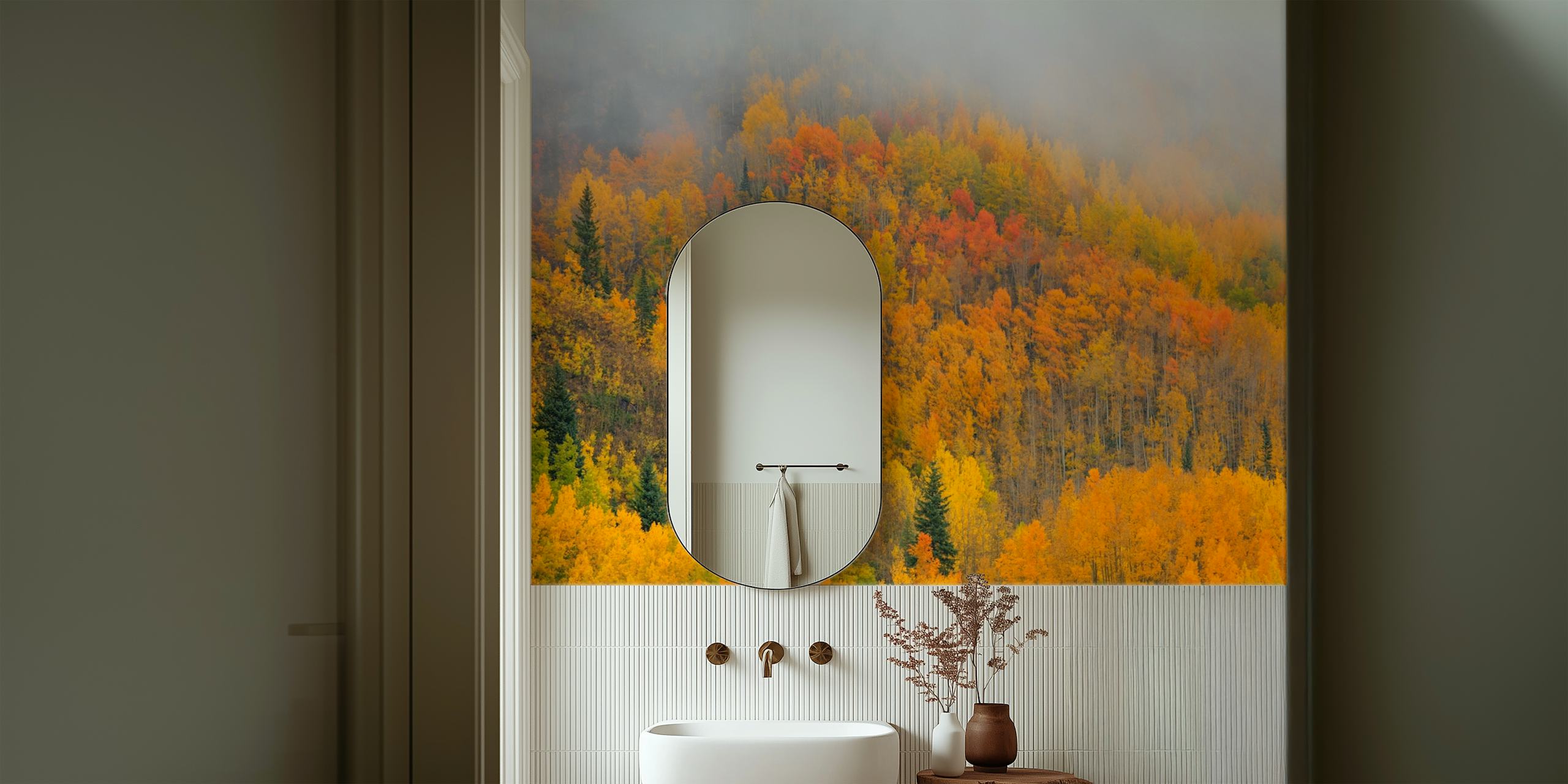 Colorful autumn forest with orange, yellow, and green trees wallpaper