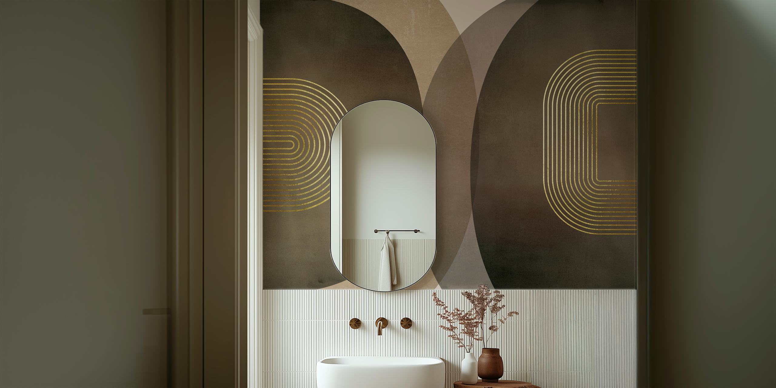 Mid century modern geometric wallpaper with gold lines on dark background