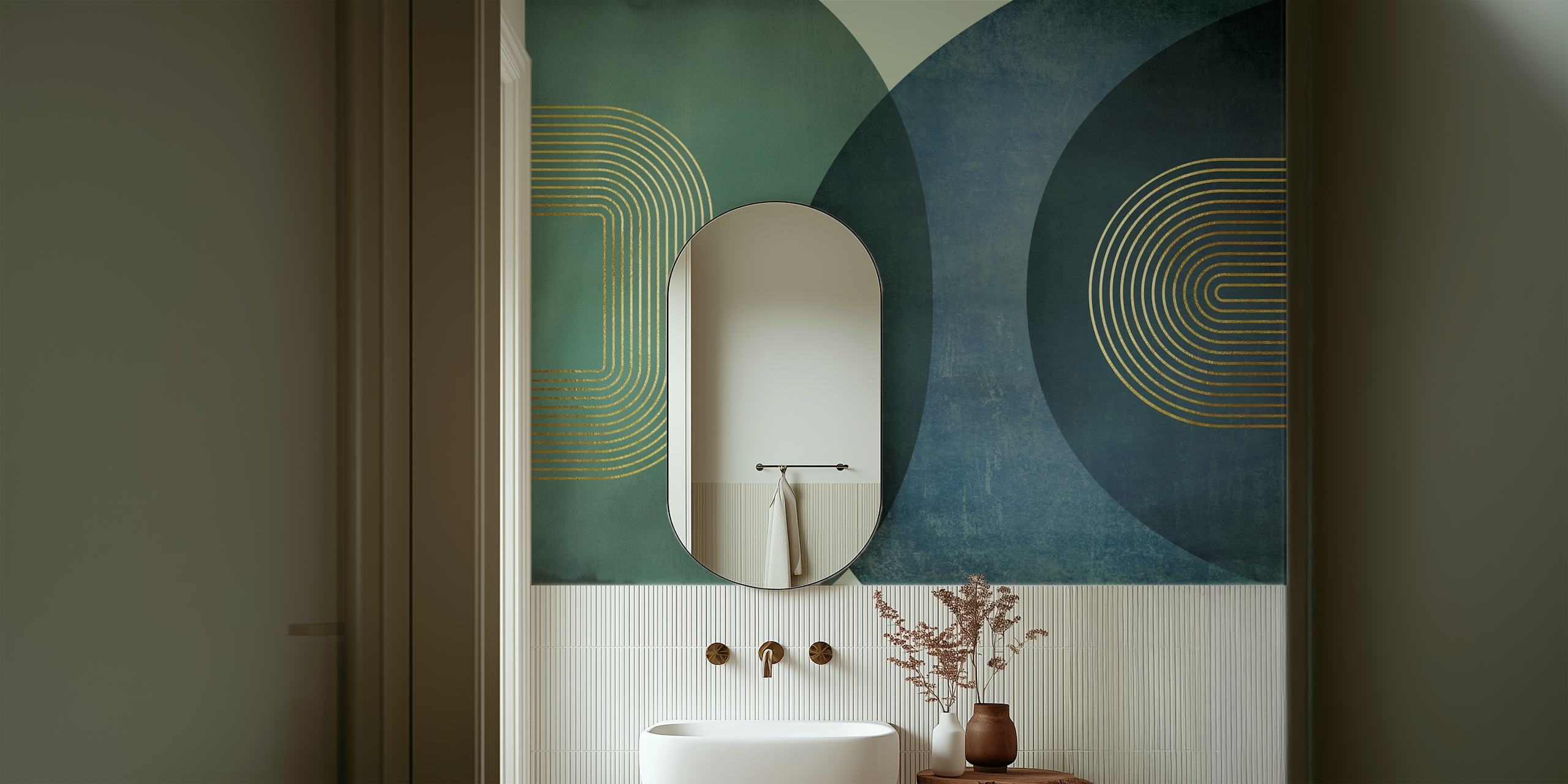 Geometric shapes in blue and green colors with gold lines wallpaper