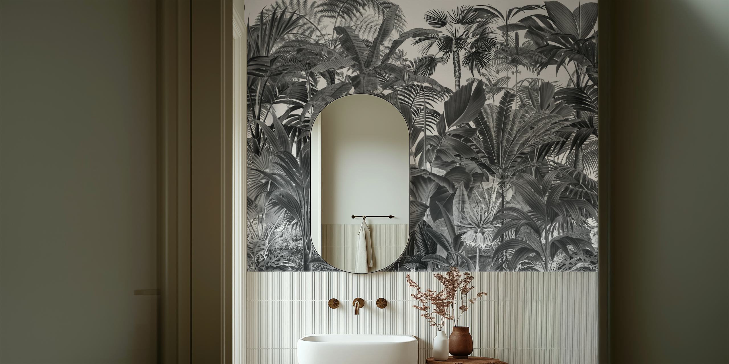 Tropical jungle foliage in black and white wallpaper
