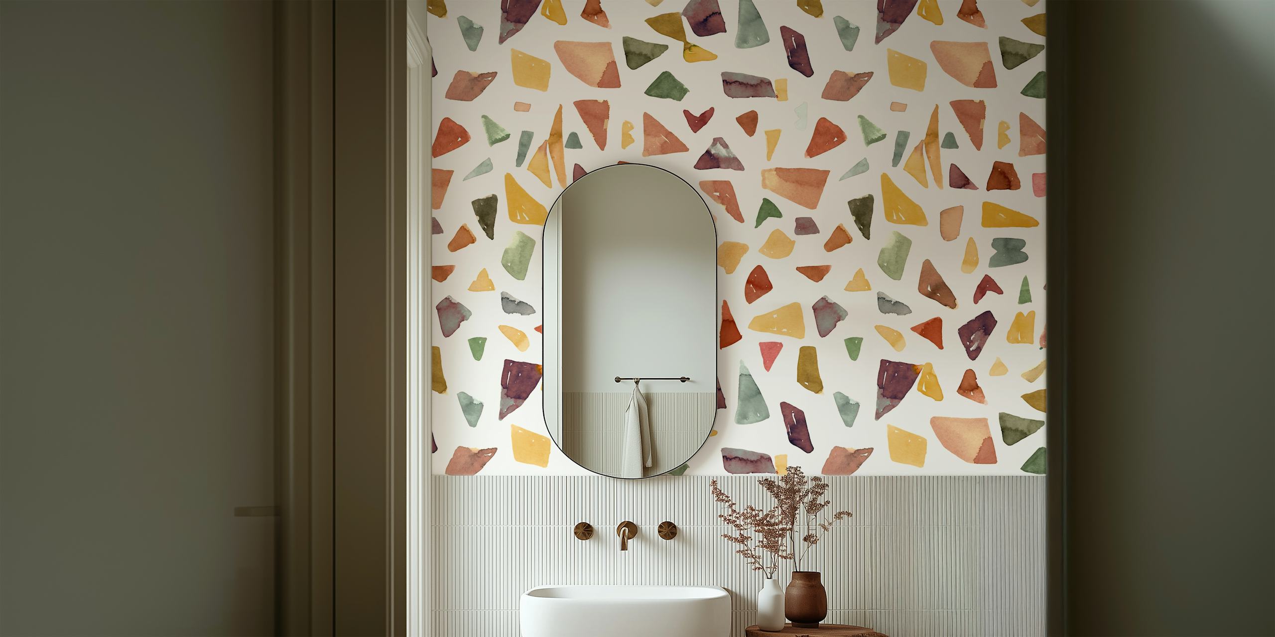 Colorful geometric shapes in earthy tones on light background wallpaper