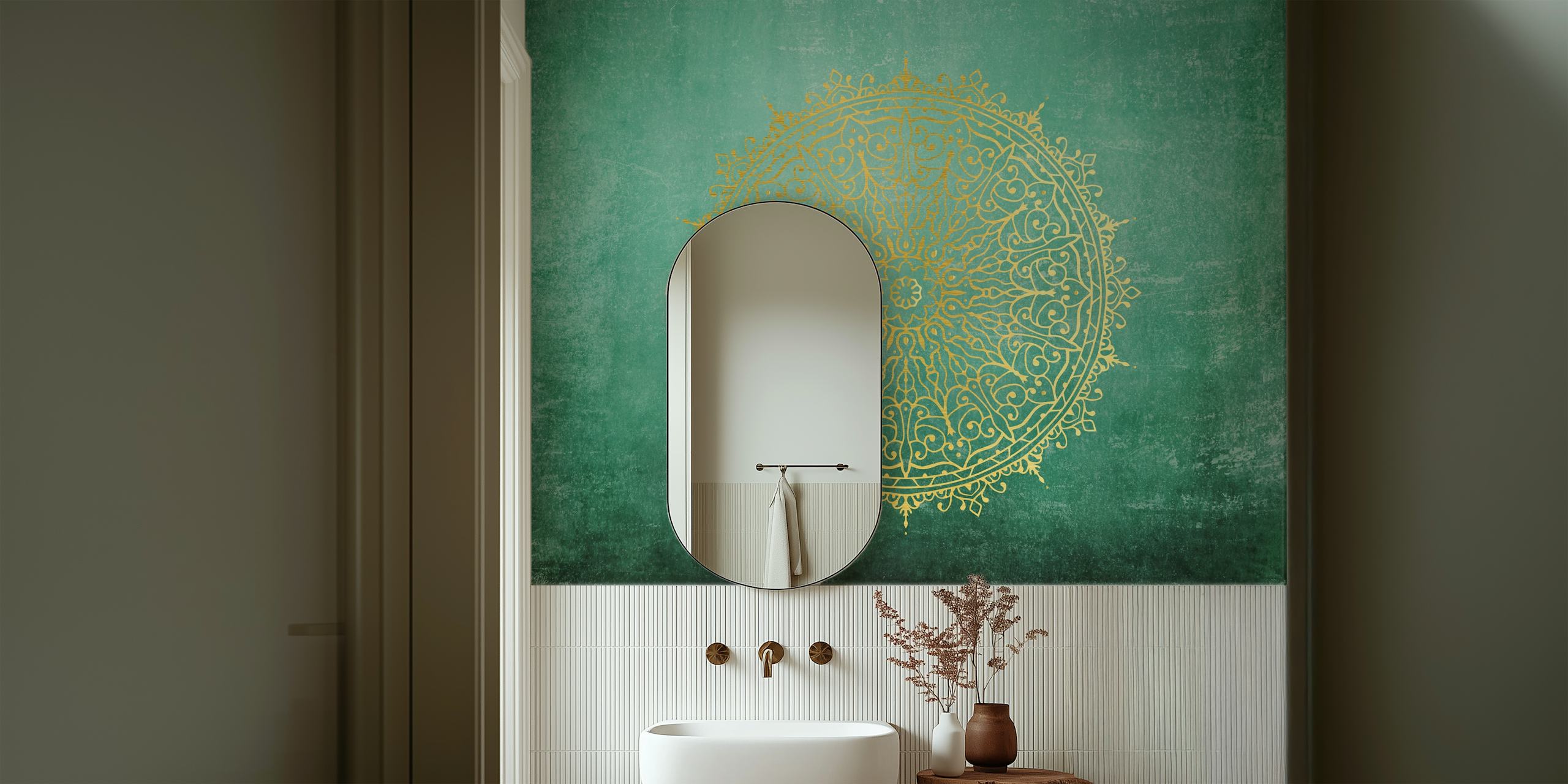 Carta da parati verde smeraldo con intricato disegno di mandala dorati