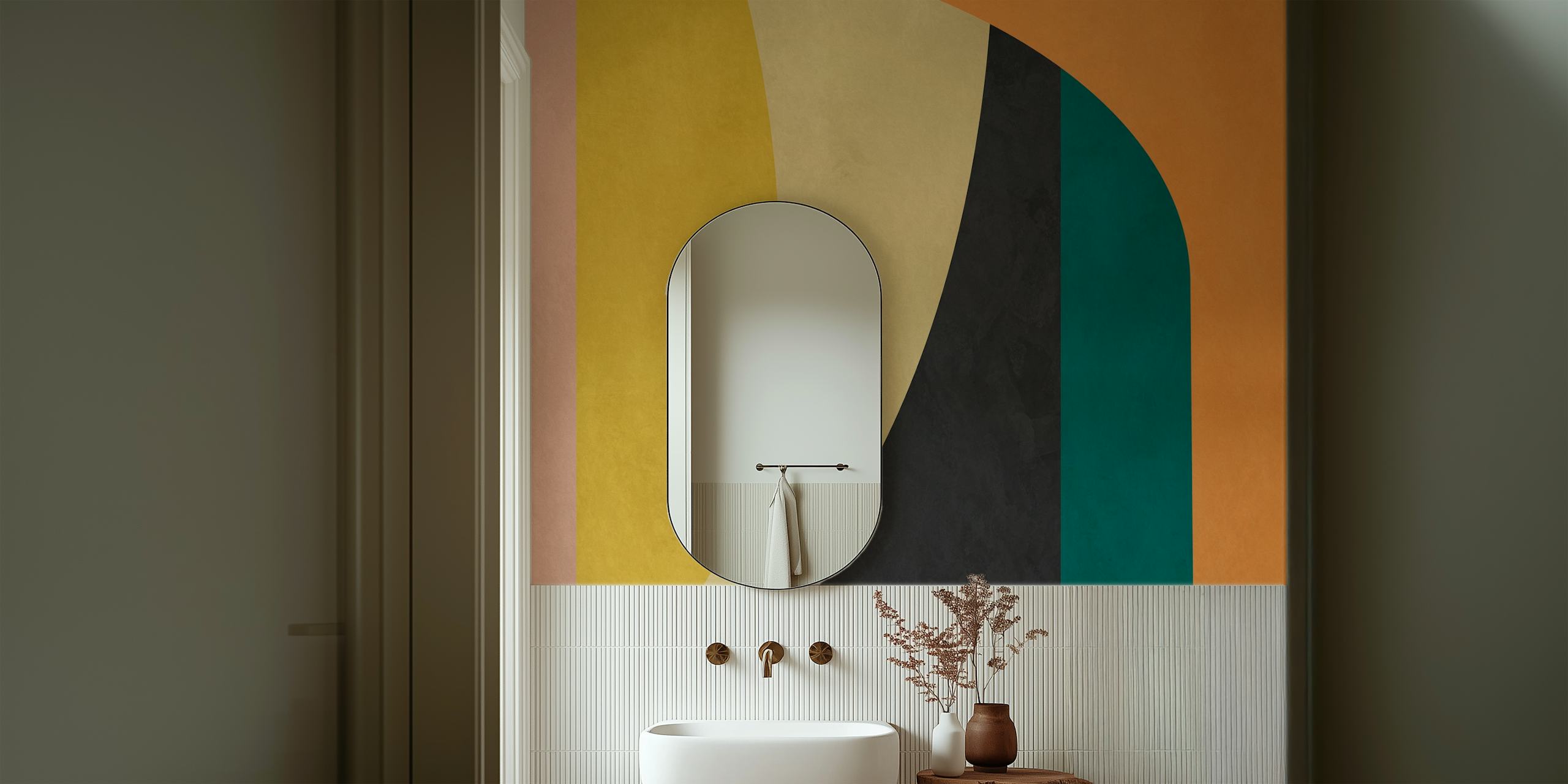 Geometric wallpaper design with bold colors: yellow, black, teal, and orange