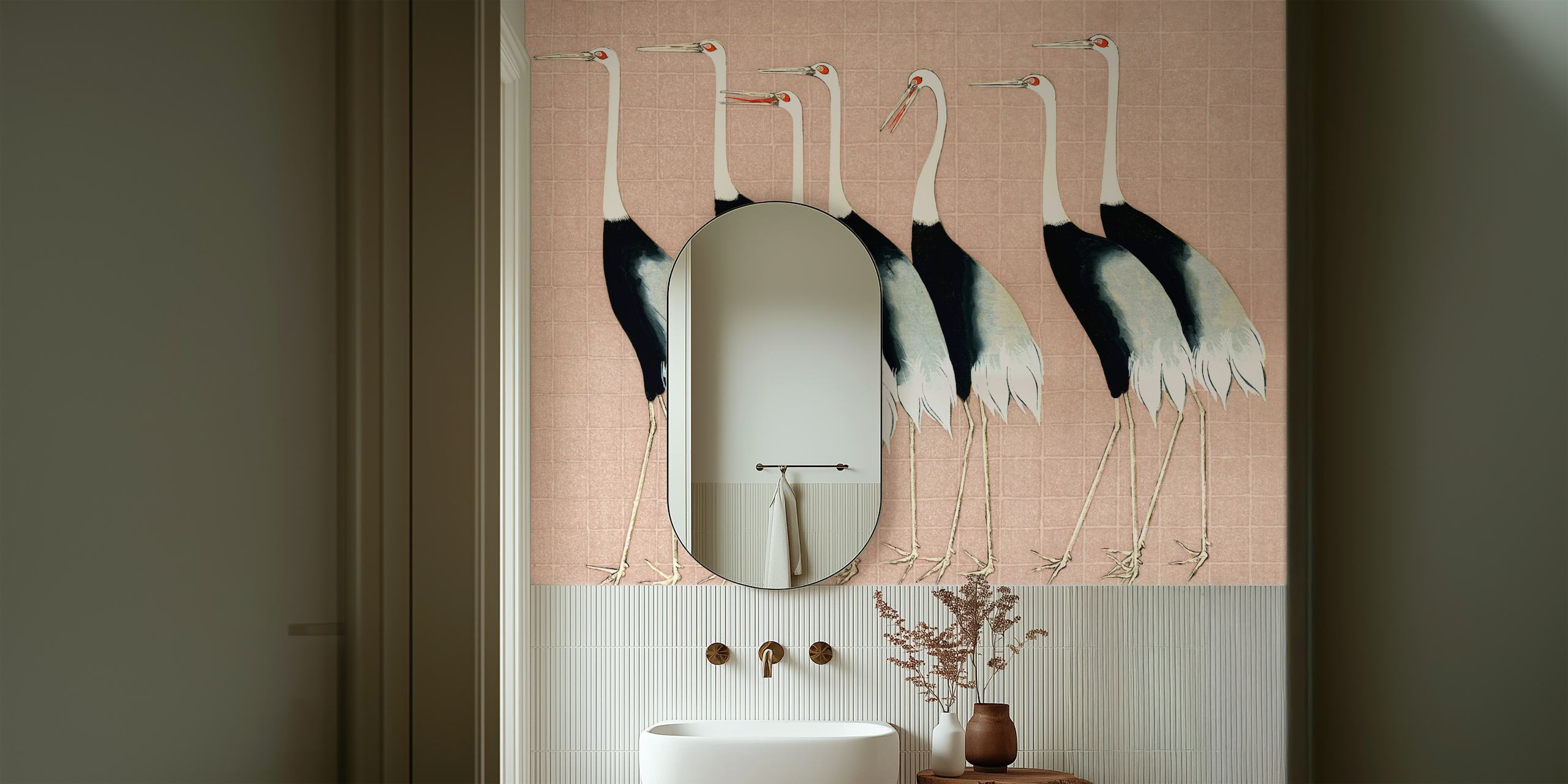 Japan cranes in black and white on beige pink wallpaper