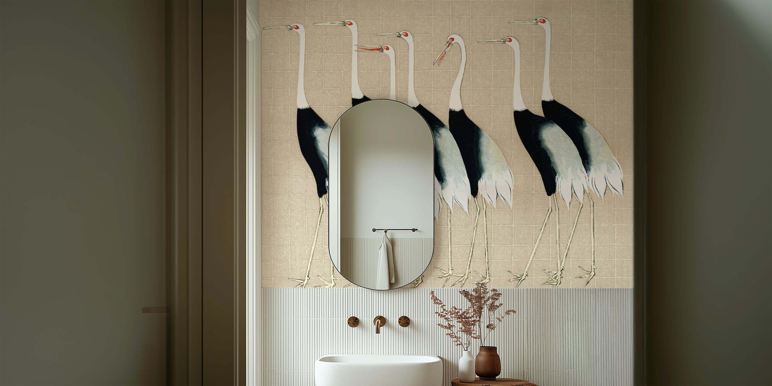 Elegante Japanse kraanvogel muurschildering op een neutrale achtergrond