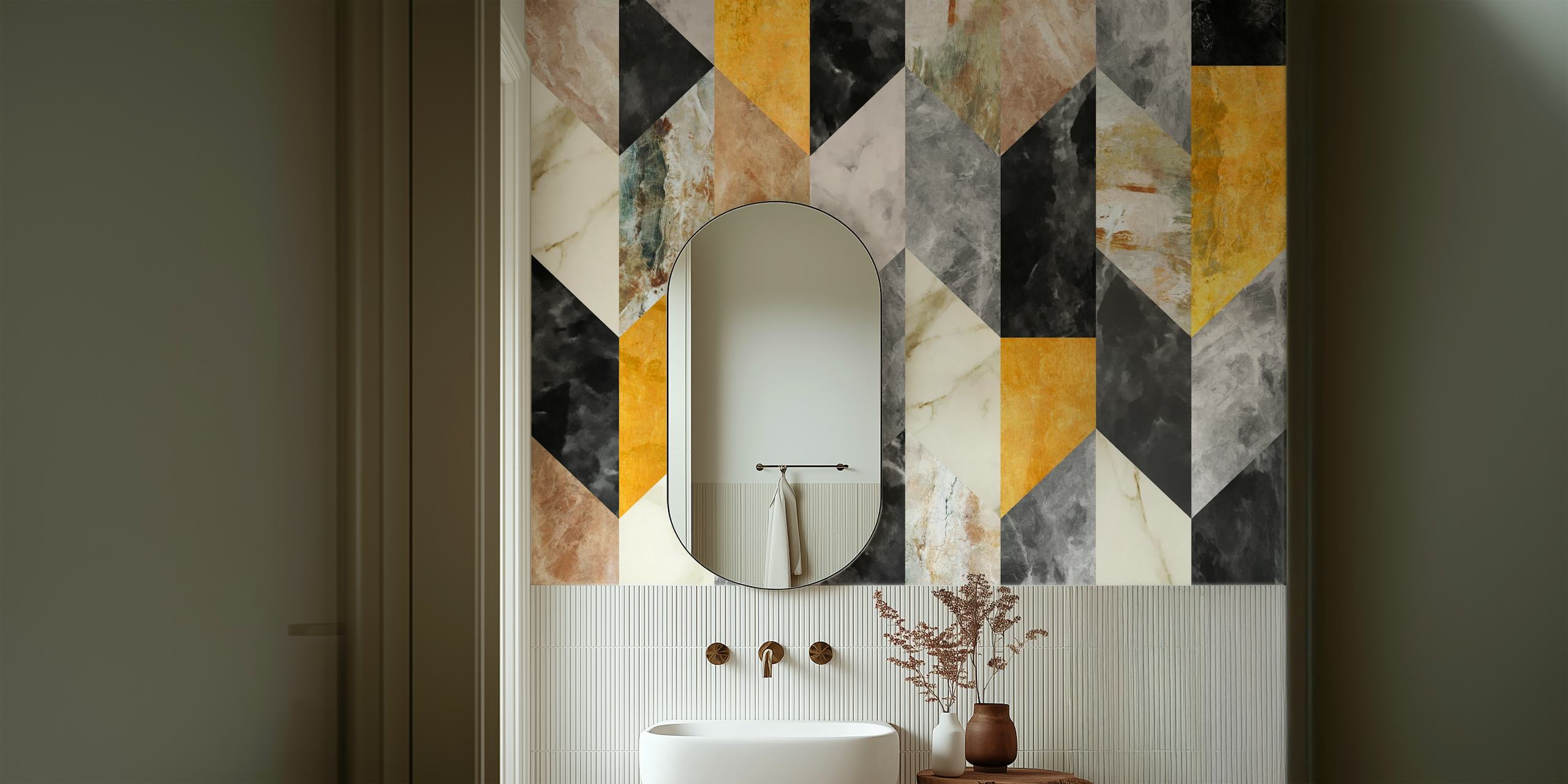 Geometric pattern in black, gold, and white colors wallpaper