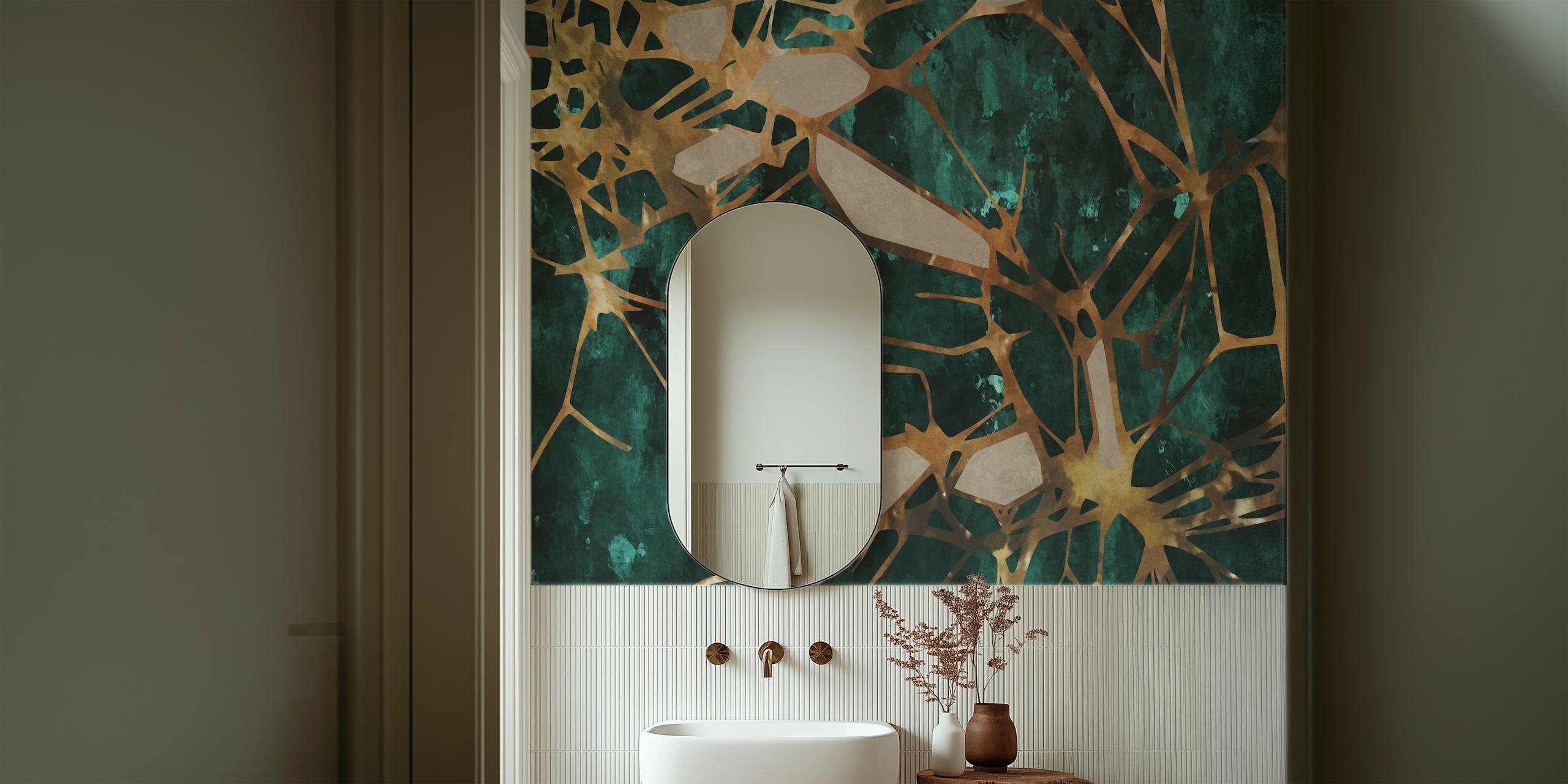 Dark green and gold botanical leaf pattern wallpaper