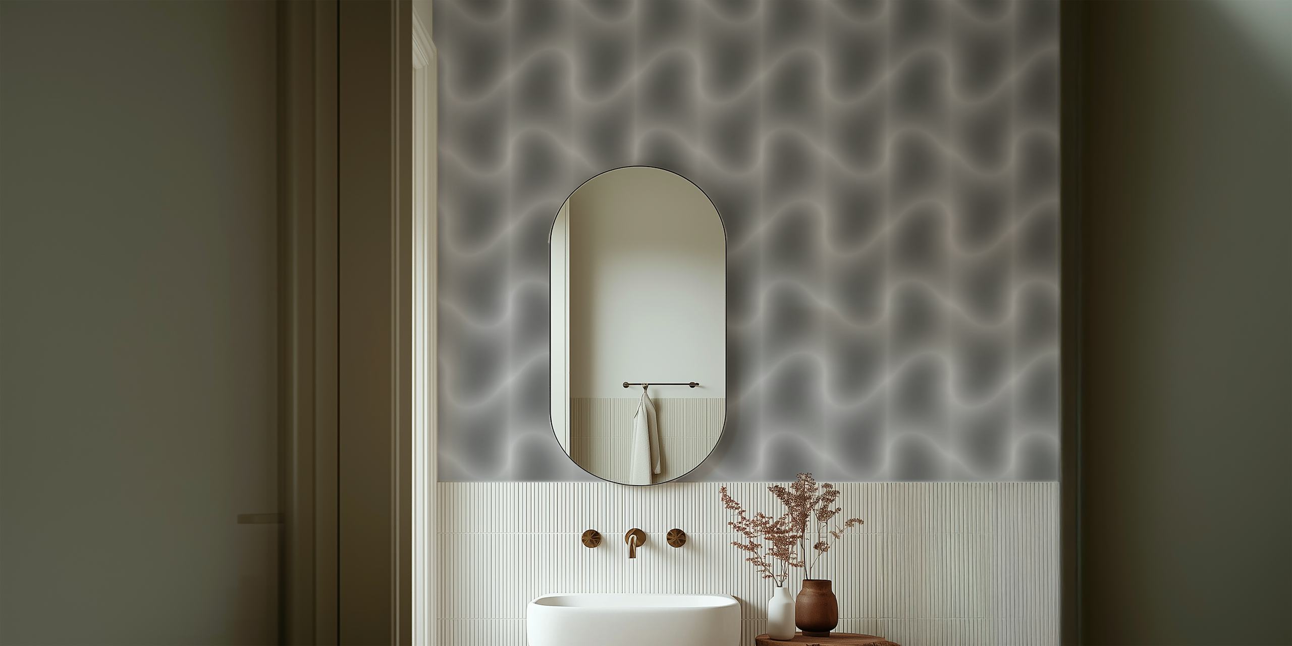 Waves Stone Grey papel de parede em um quarto