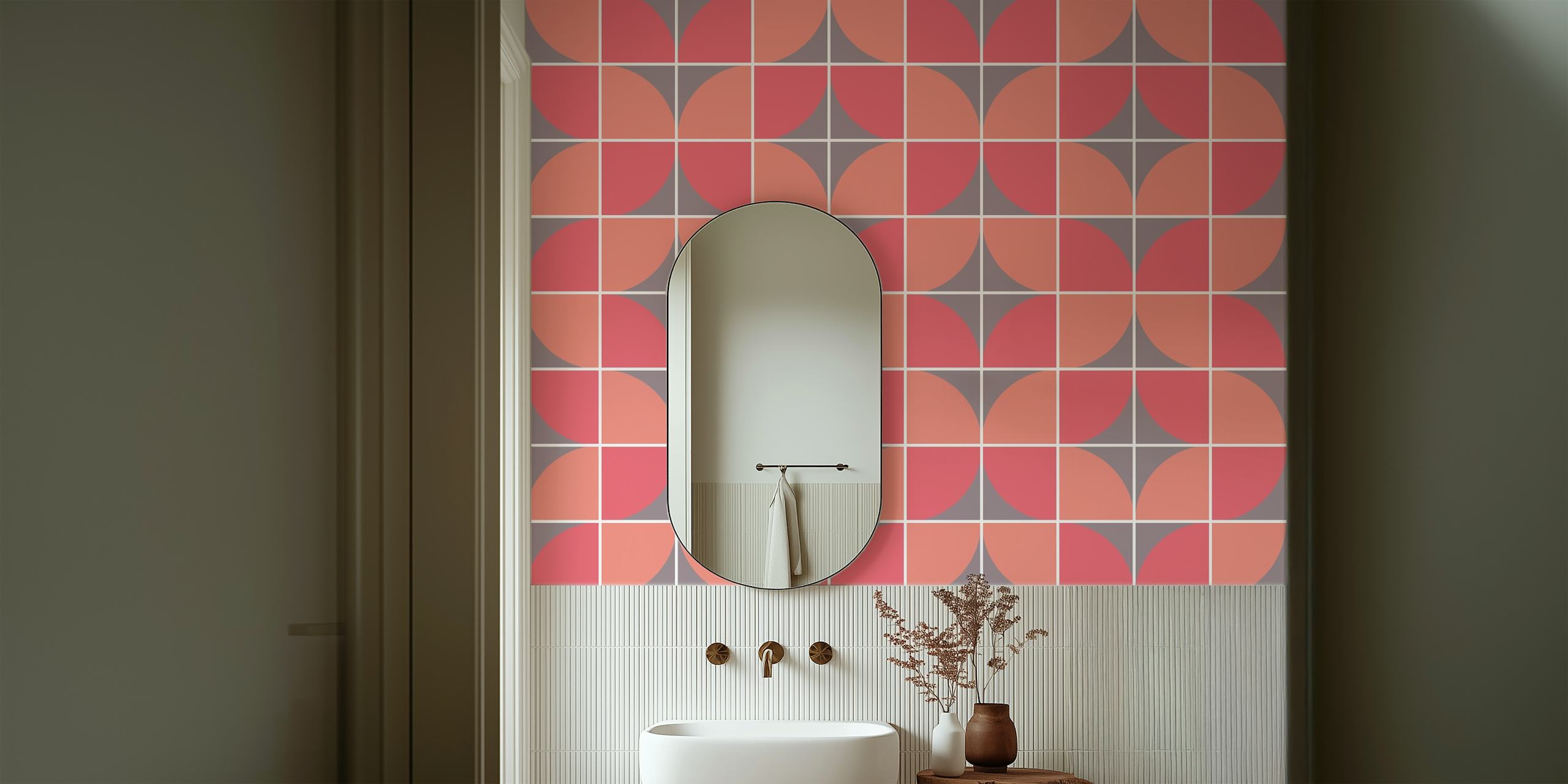 Geometric grid pattern in terracotta red and grey wallpaper
