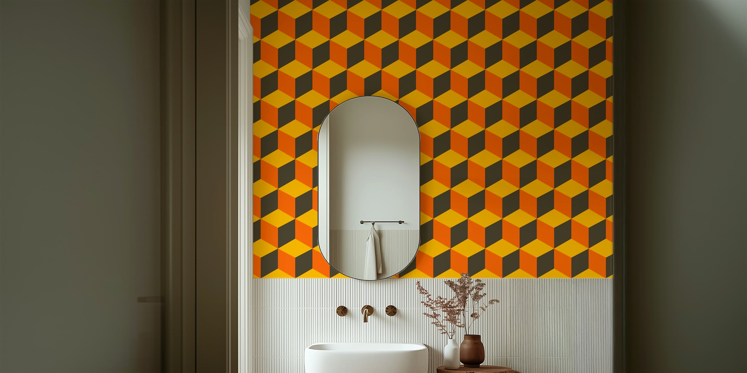 Geometric cube pattern in orange, yellow, and black wallpaper