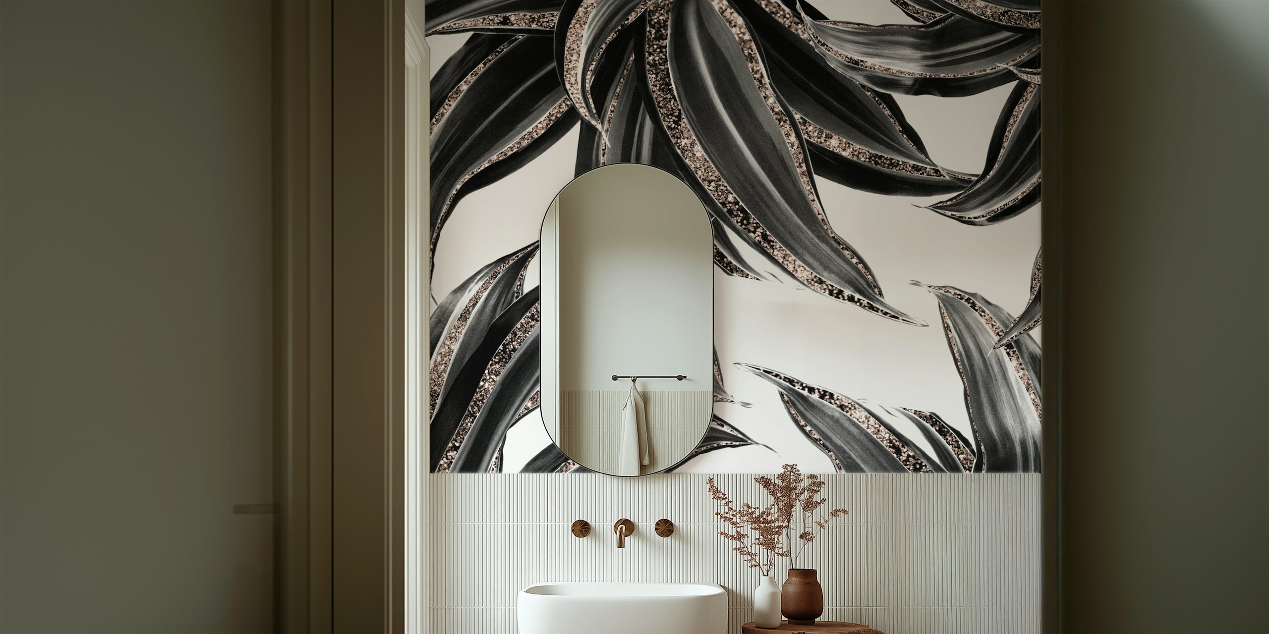 Tropical Leaves Rose Gold wallpaper in a room