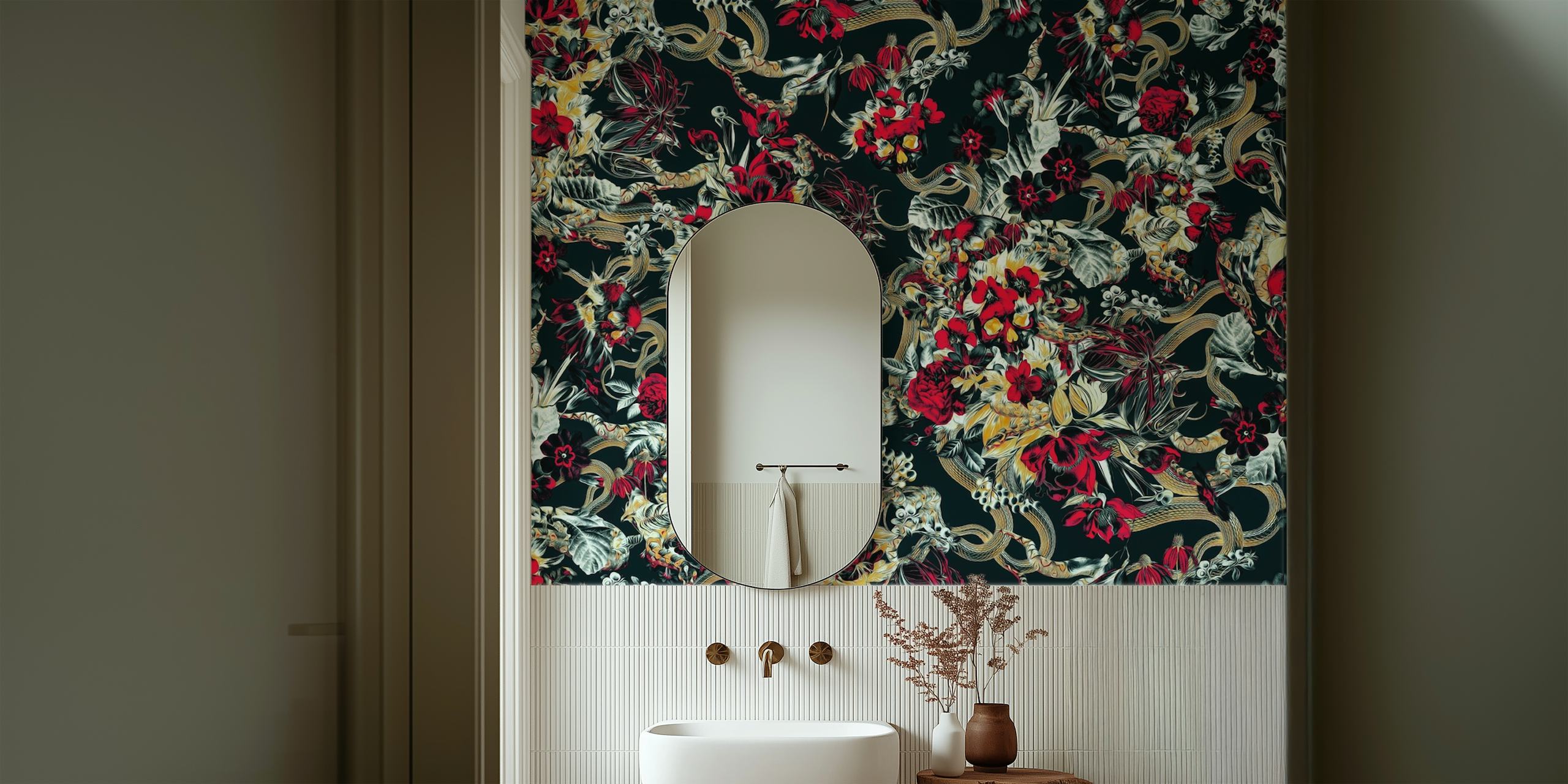 Skull and snakes with red flowers and gold accents wallpaper