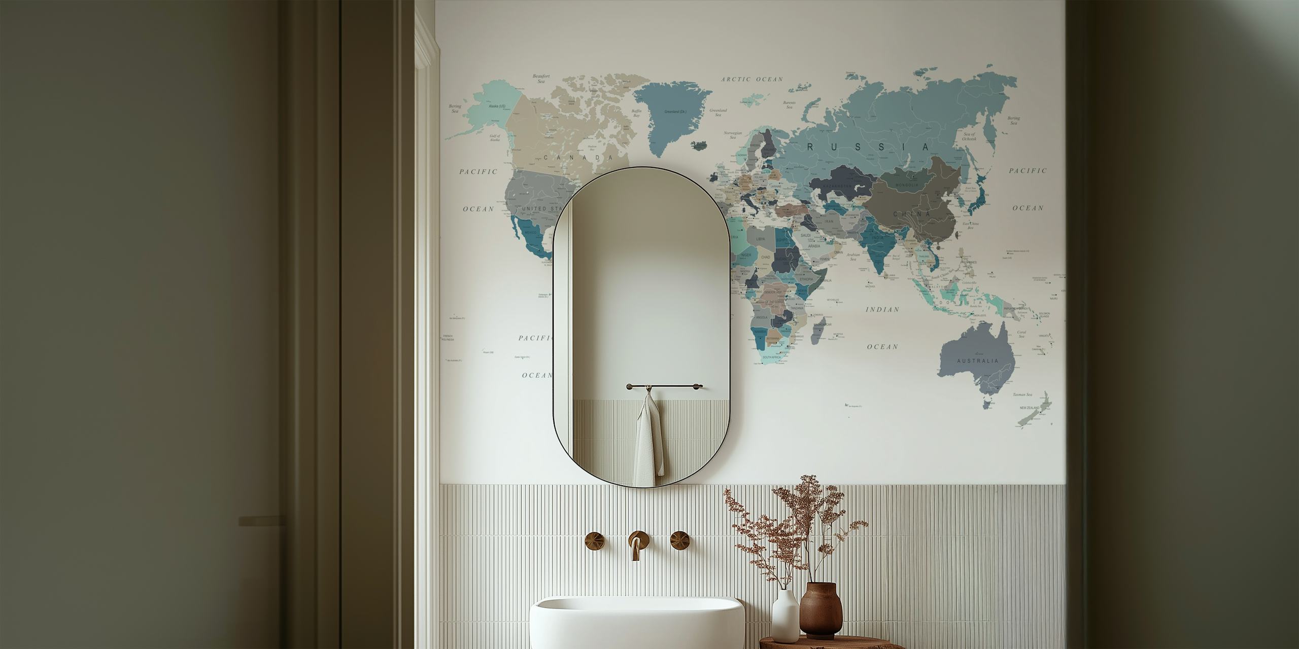 World map in neutral tones with shades of blue and gray wallpaper