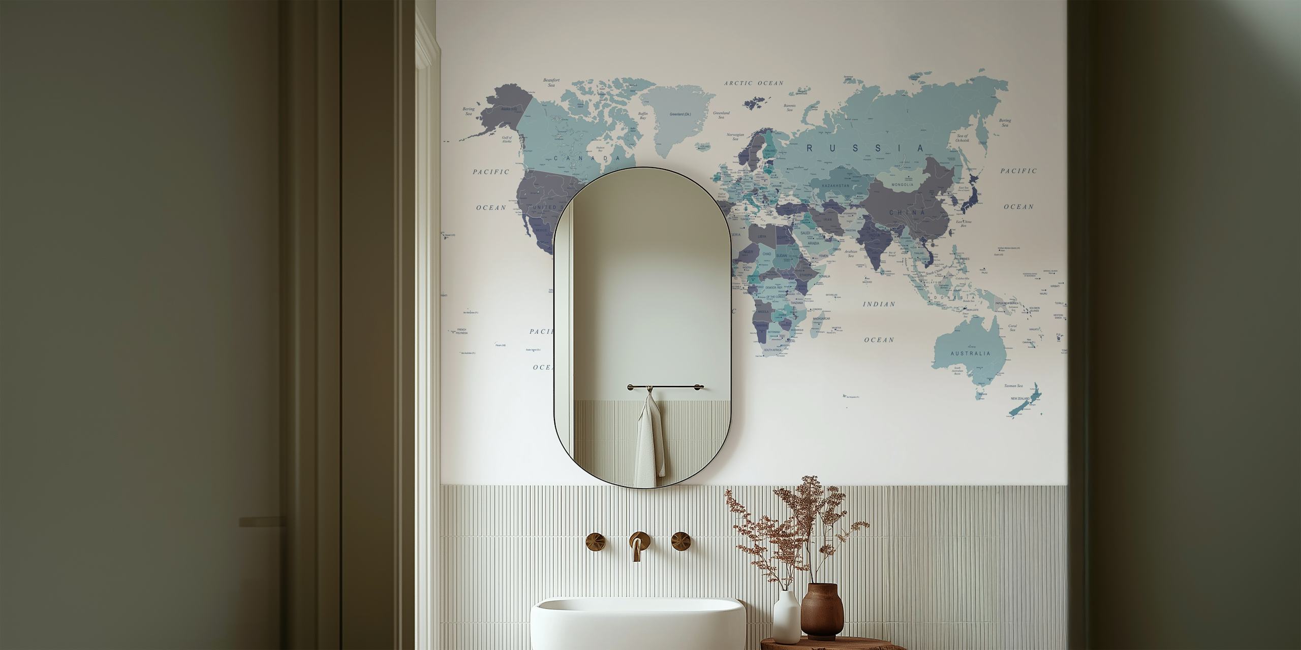 World Map in Blue wallpaper in a room