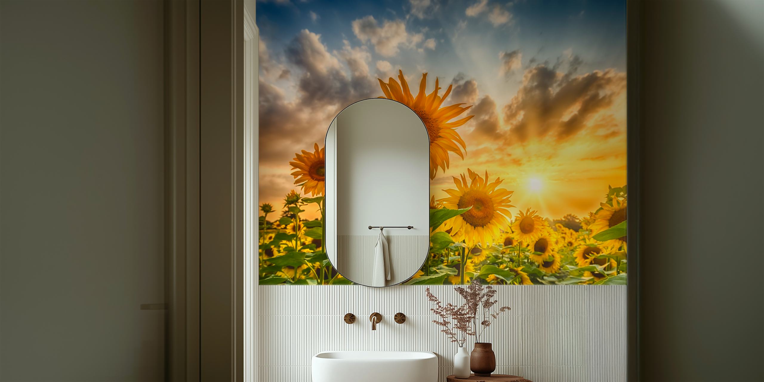Sunflower wallpaper in a room setting