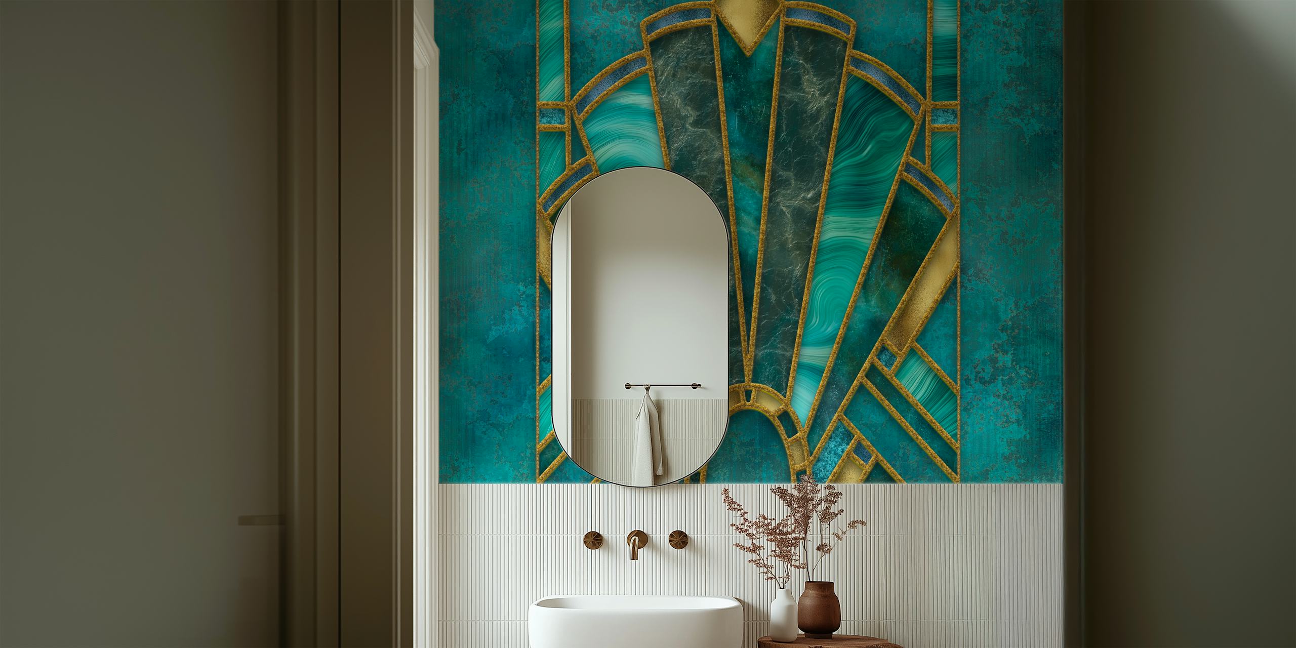 Art Deco style wallpaper featuring turquoise and gold geometric patterns