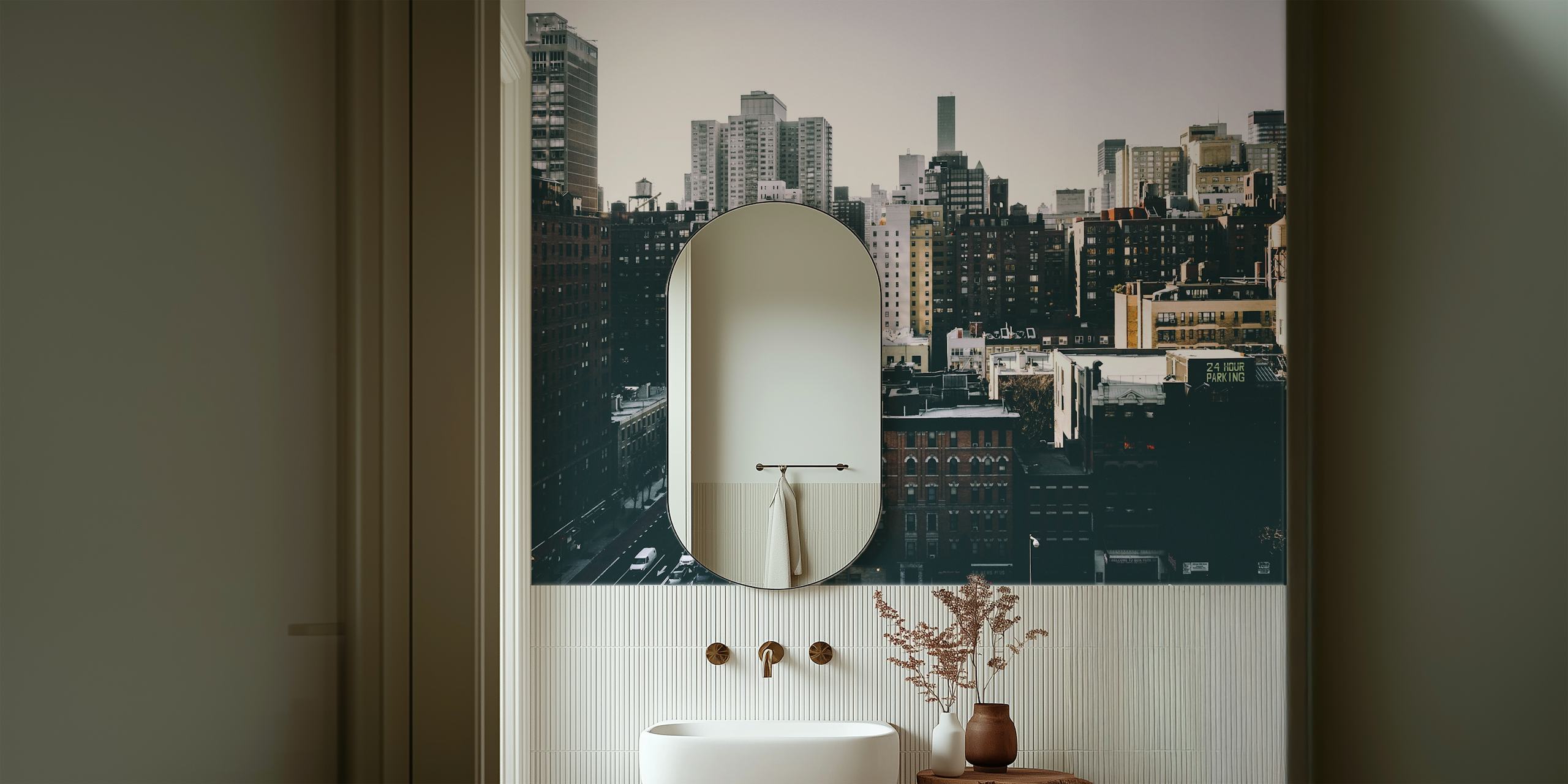 Cityscape of buildings in muted tones wallpaper