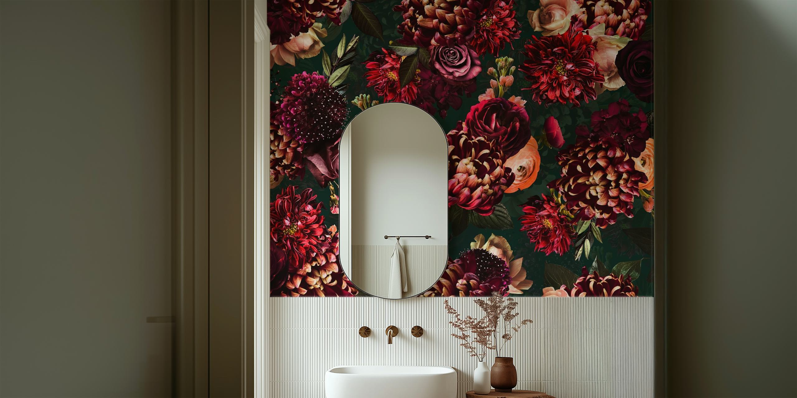 Dark floral wallpaper featuring bold red and pink flowers on a green background