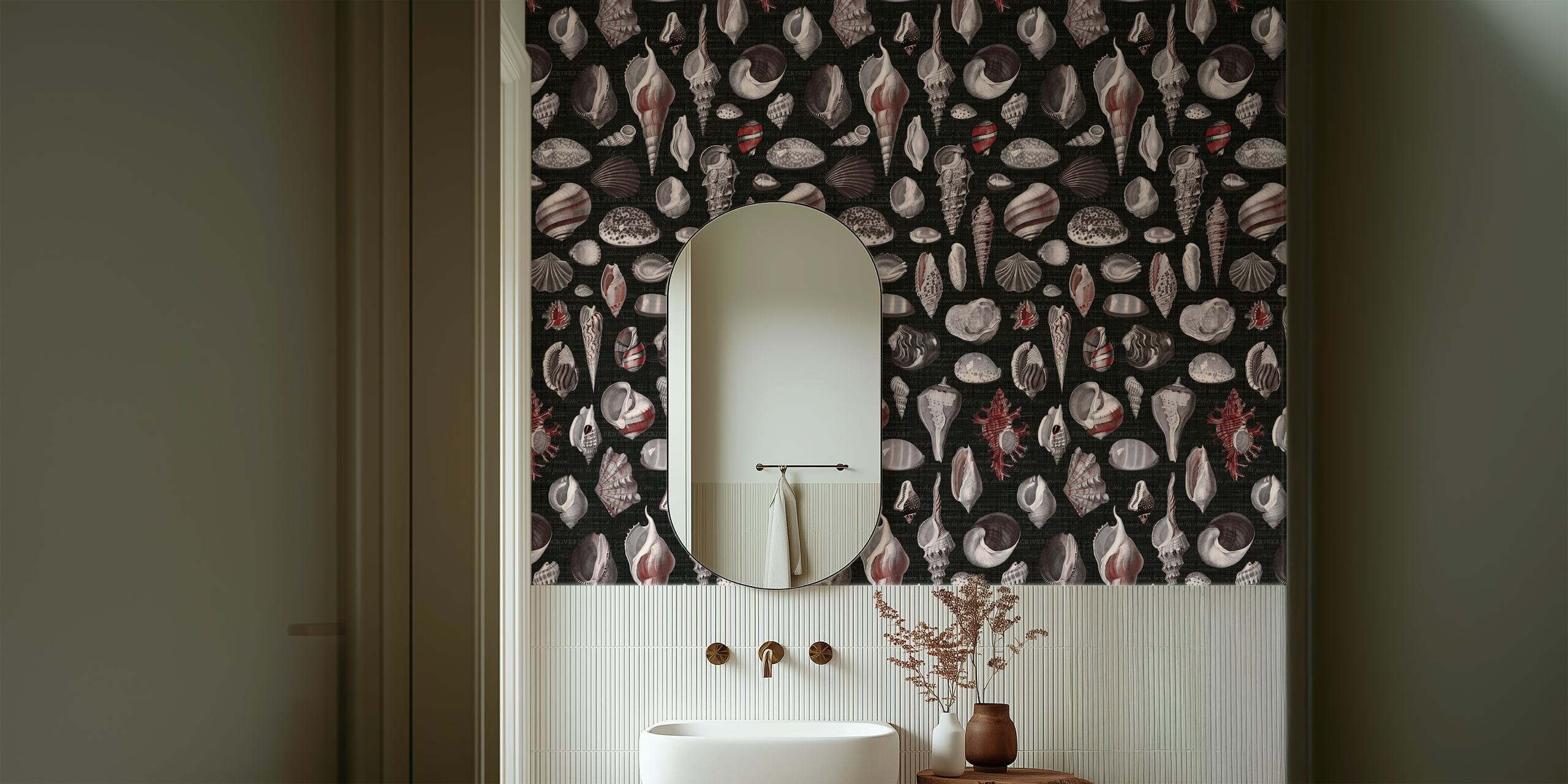 Nautilus shells in burgundy, grey, and black wallpaper